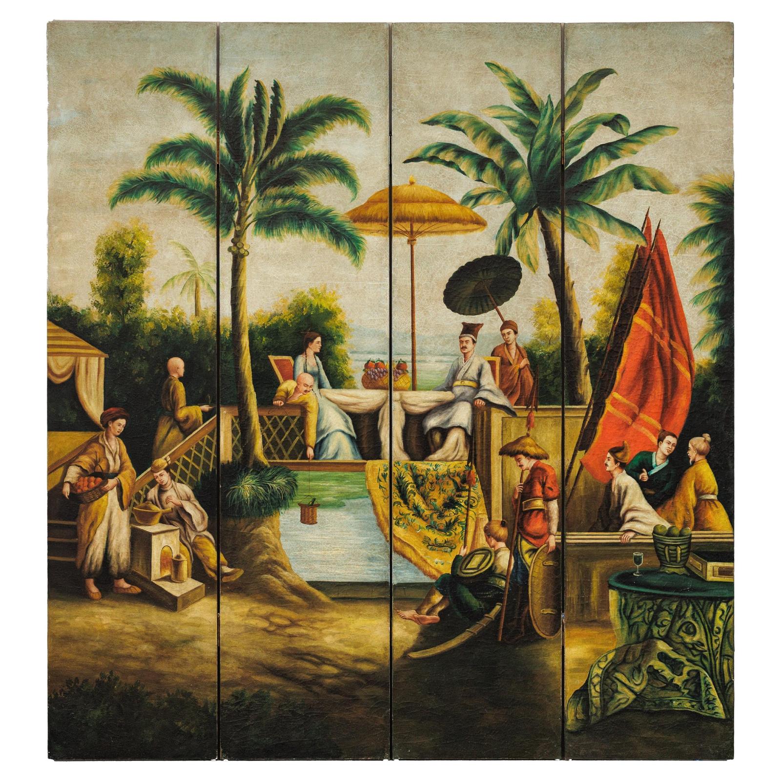 Hand-Painted Four-Panel Export Screen with Tropical Court Scene-1. Asian & Chinese Furniture, Art, Antiques, Vintage Home Décor for sale at FEA Home