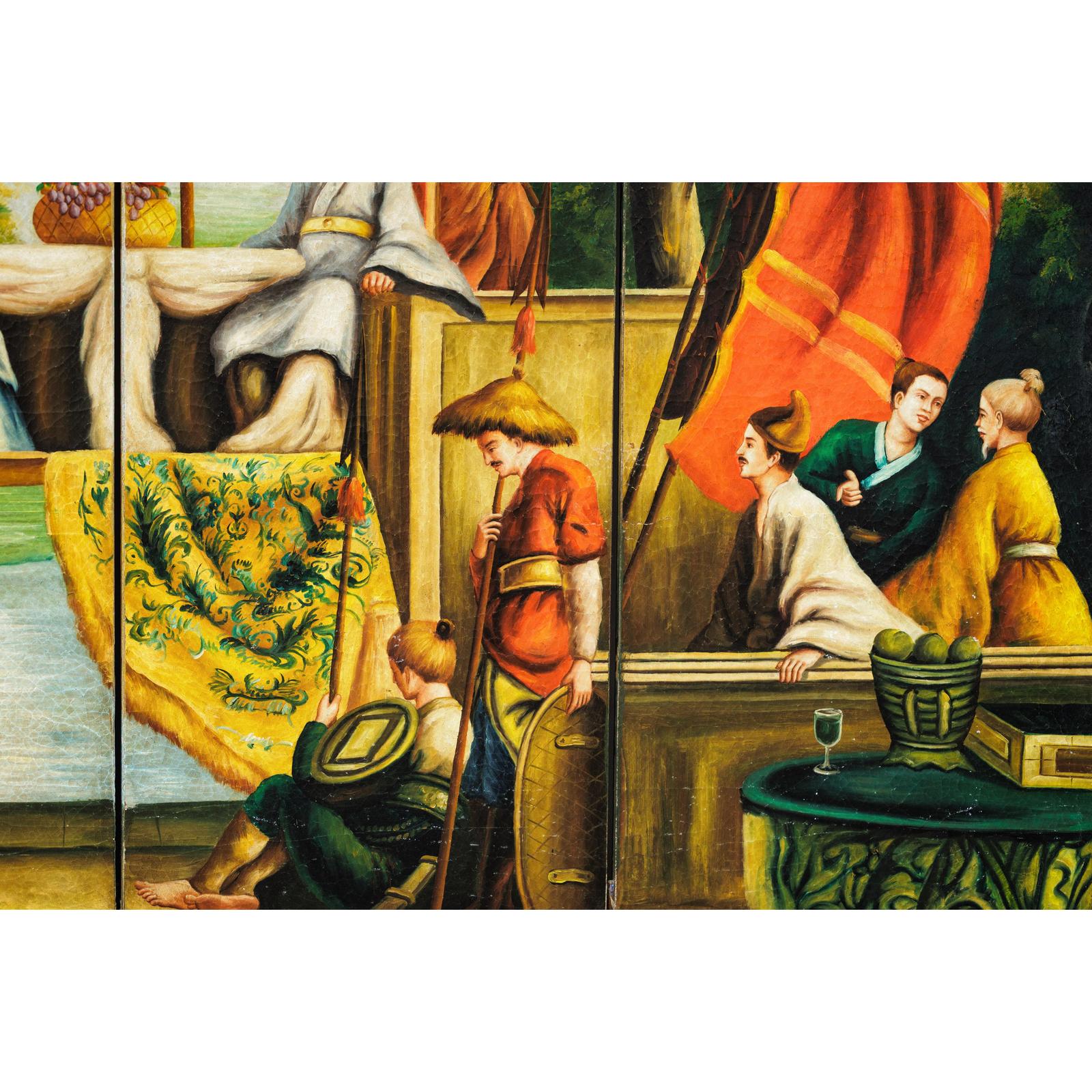 Hand-Painted Four-Panel Export Screen with Tropical Court Scene-10. Asian &amp; Chinese Furniture, Art, Antiques, Vintage Home Décor for sale at FEA Home