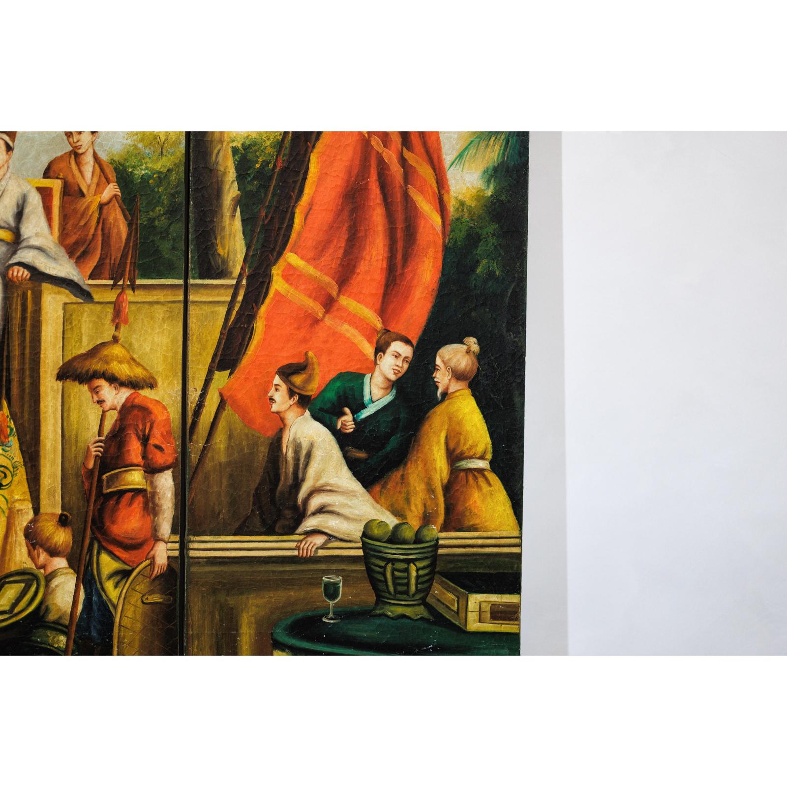 Hand-Painted Four-Panel Export Screen with Tropical Court Scene-11. Asian &amp; Chinese Furniture, Art, Antiques, Vintage Home Décor for sale at FEA Home