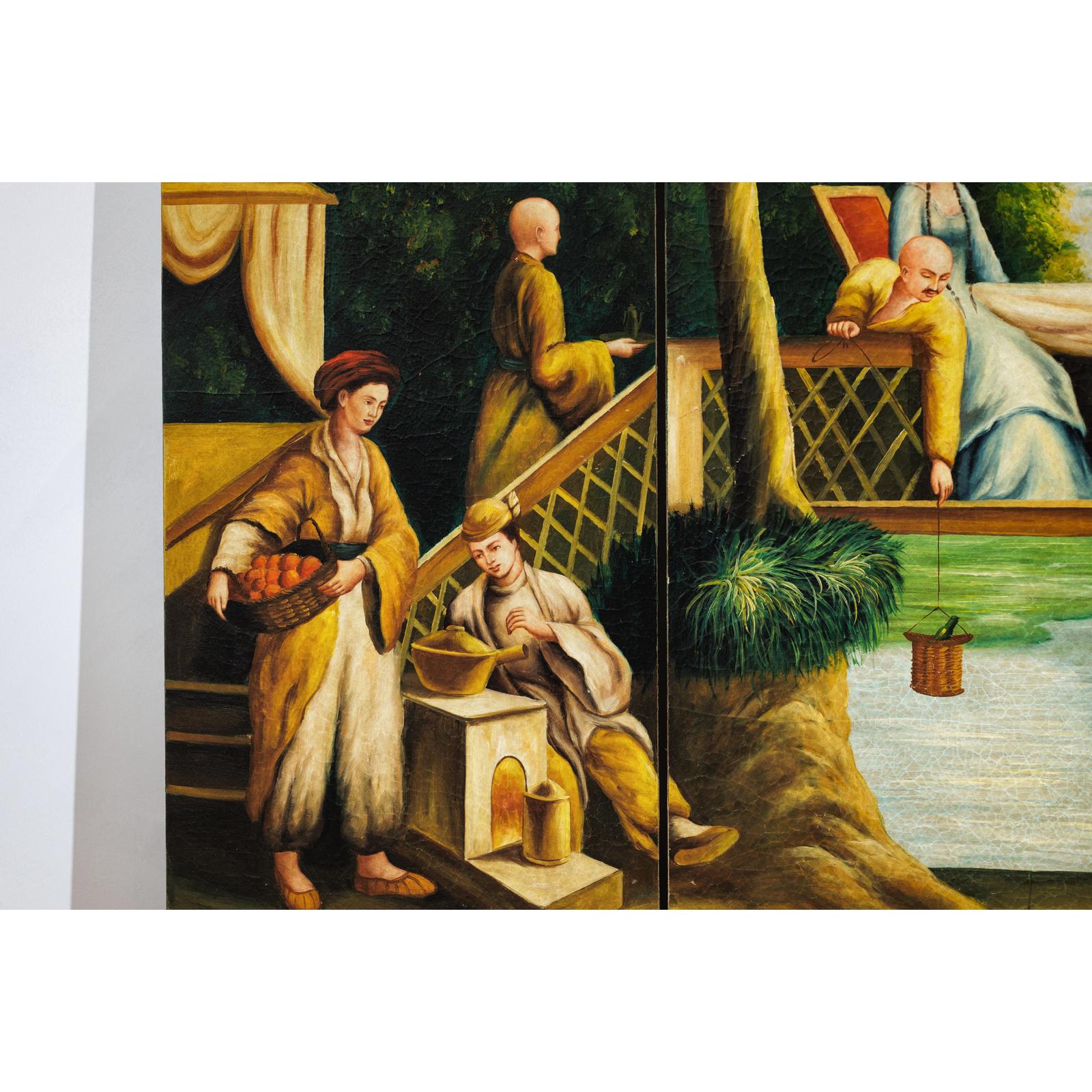 Hand-Painted Four-Panel Export Screen with Tropical Court Scene-12. Asian &amp; Chinese Furniture, Art, Antiques, Vintage Home Décor for sale at FEA Home