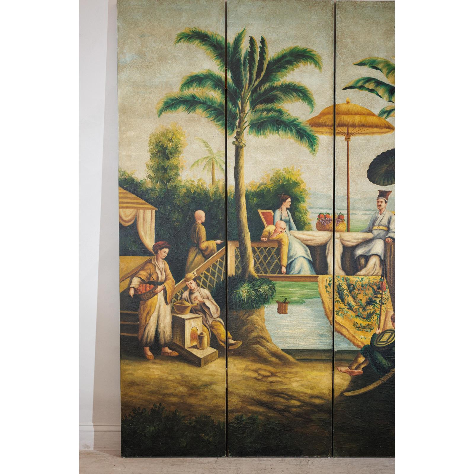 Hand-Painted Four-Panel Export Screen with Tropical Court Scene-13. Asian &amp; Chinese Furniture, Art, Antiques, Vintage Home Décor for sale at FEA Home