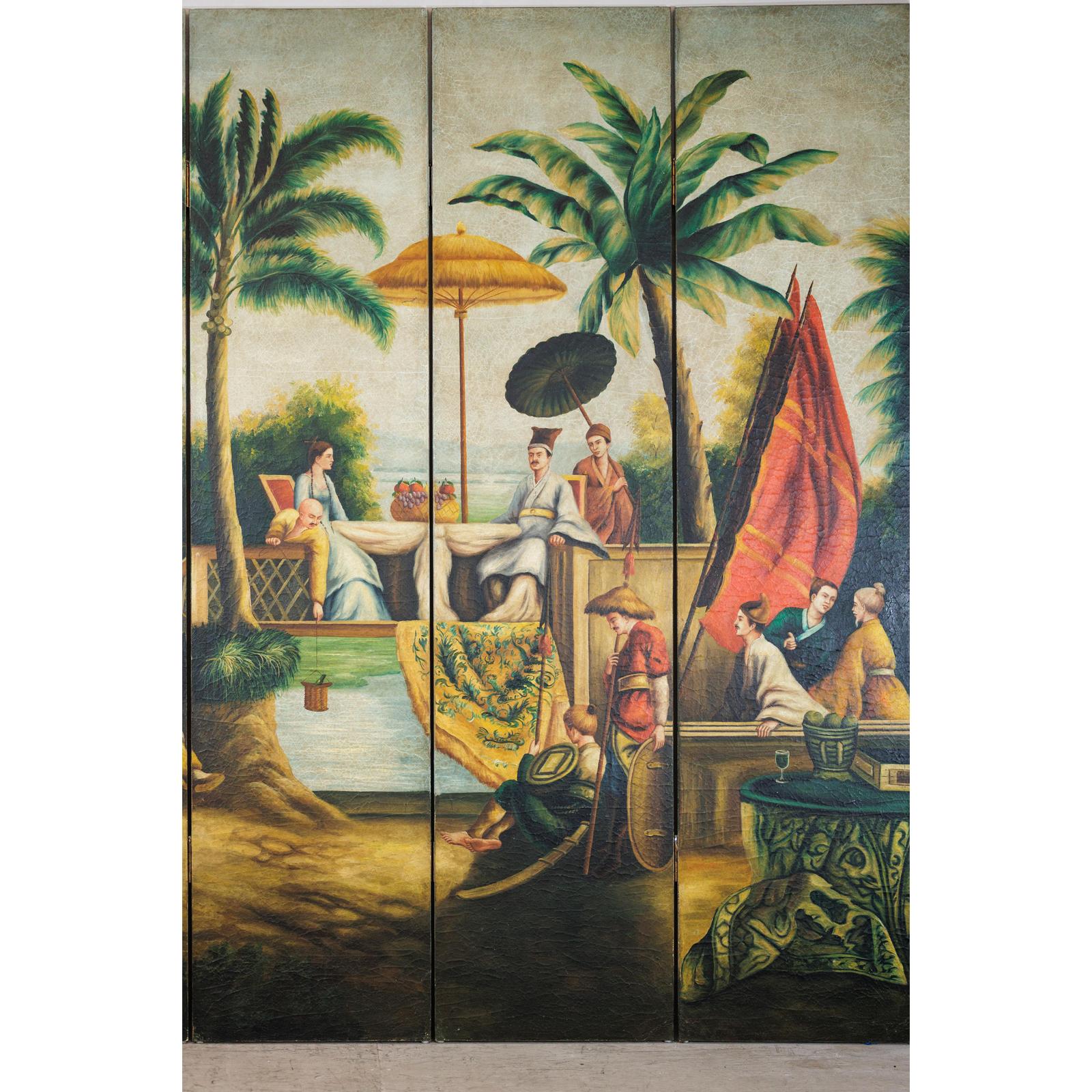 Hand-Painted Four-Panel Export Screen with Tropical Court Scene-14. Asian &amp; Chinese Furniture, Art, Antiques, Vintage Home Décor for sale at FEA Home