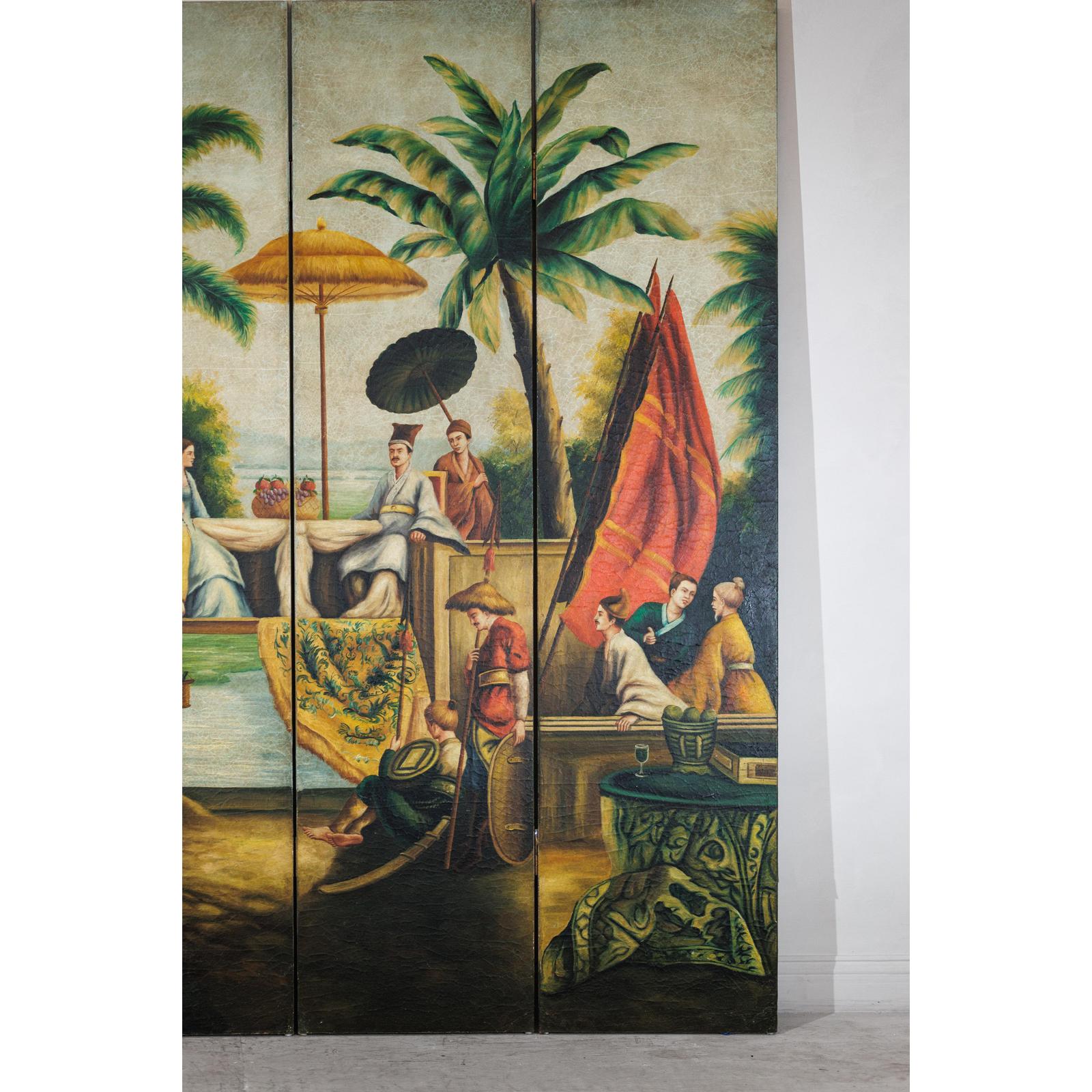 Hand-Painted Four-Panel Export Screen with Tropical Court Scene-15. Asian &amp; Chinese Furniture, Art, Antiques, Vintage Home Décor for sale at FEA Home