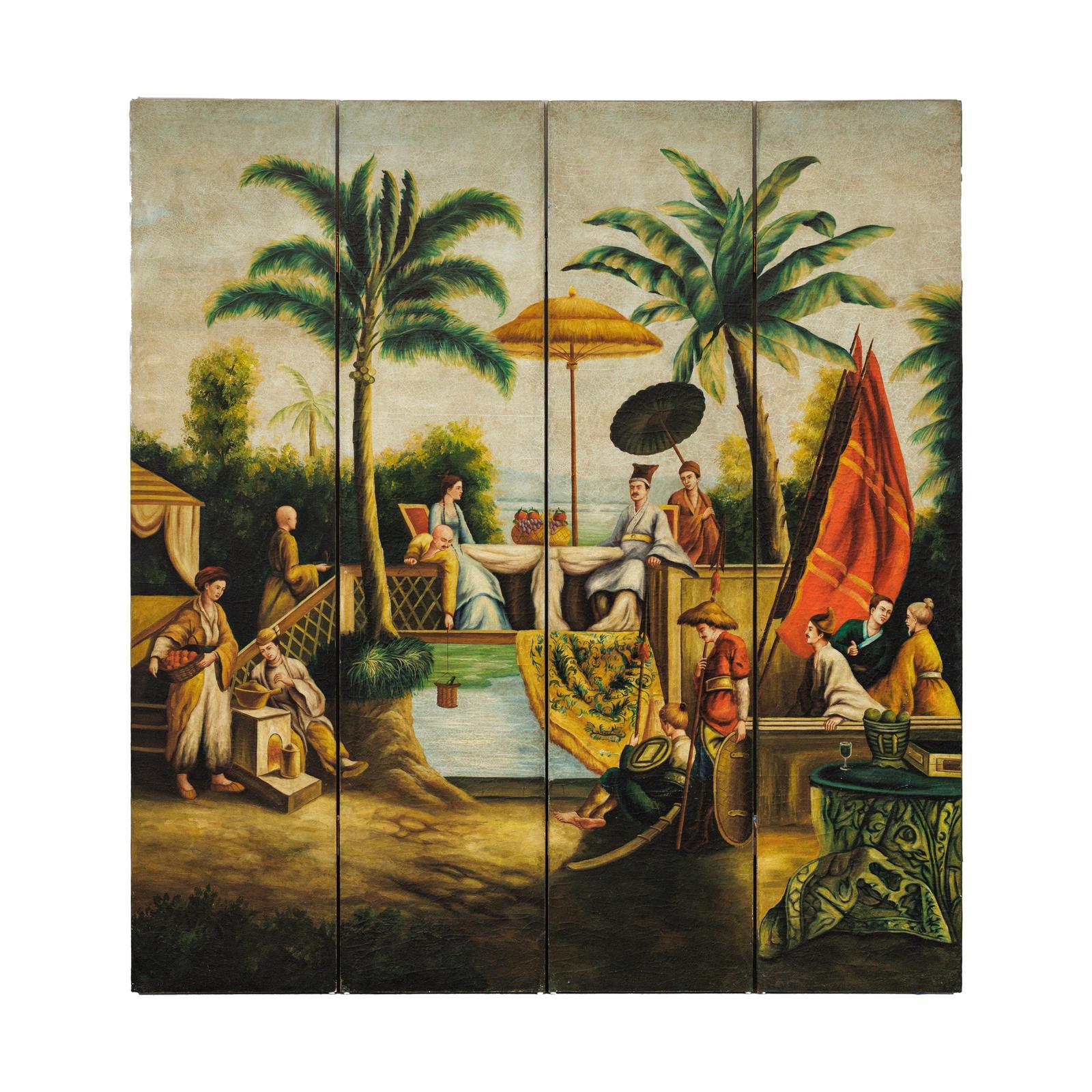 Hand-Painted Four-Panel Export Screen with Tropical Court Scene-17. Asian &amp; Chinese Furniture, Art, Antiques, Vintage Home Décor for sale at FEA Home