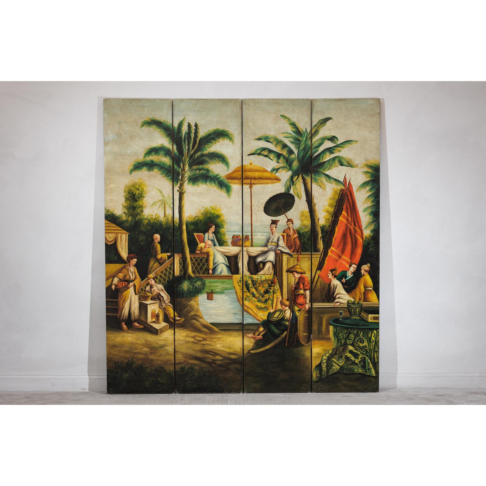Hand-Painted Four-Panel Export Screen with Tropical Court Scene-2. Asian & Chinese Furniture, Art, Antiques, Vintage Home Décor for sale at FEA Home