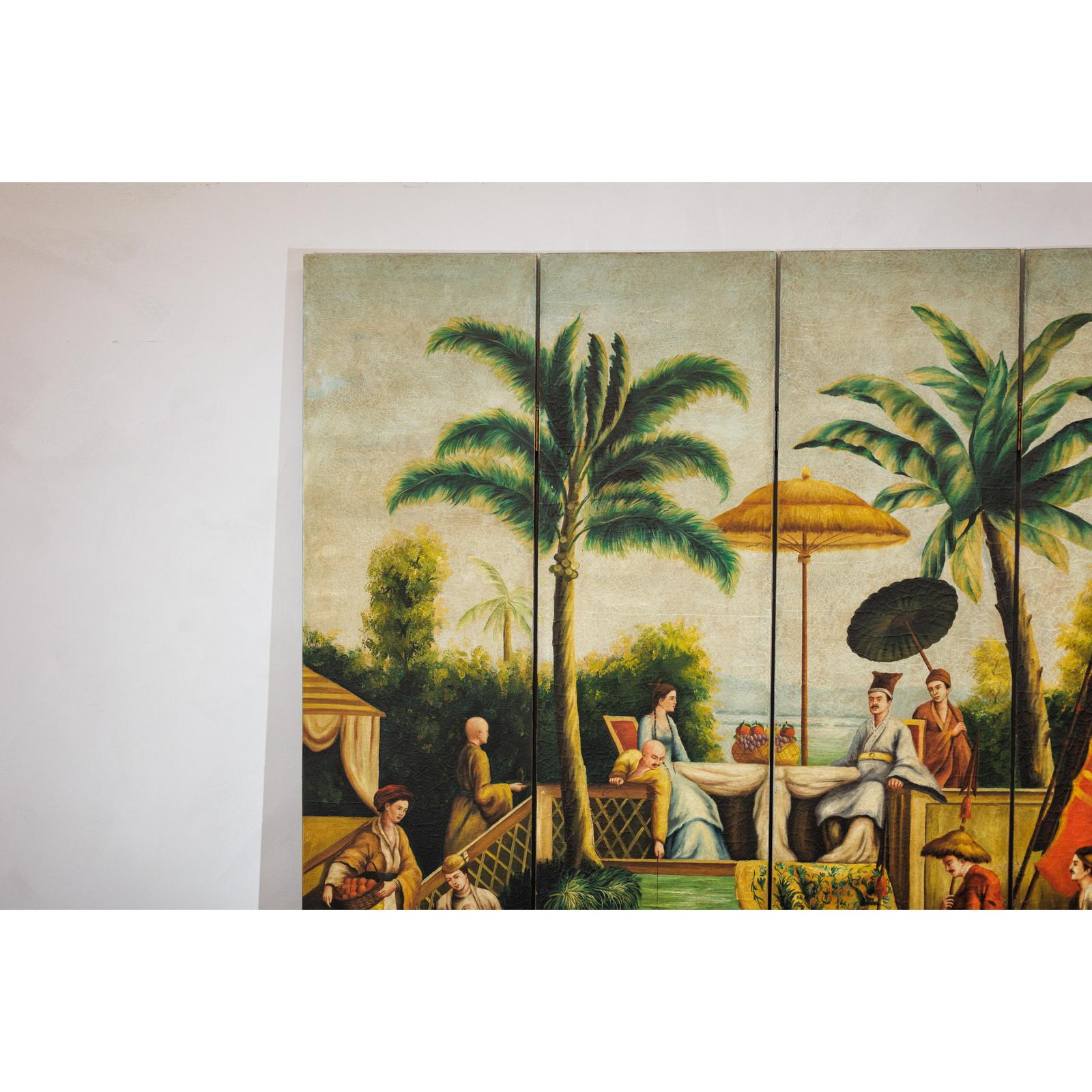 Hand-Painted Four-Panel Export Screen with Tropical Court Scene-3. Asian &amp; Chinese Furniture, Art, Antiques, Vintage Home Décor for sale at FEA Home