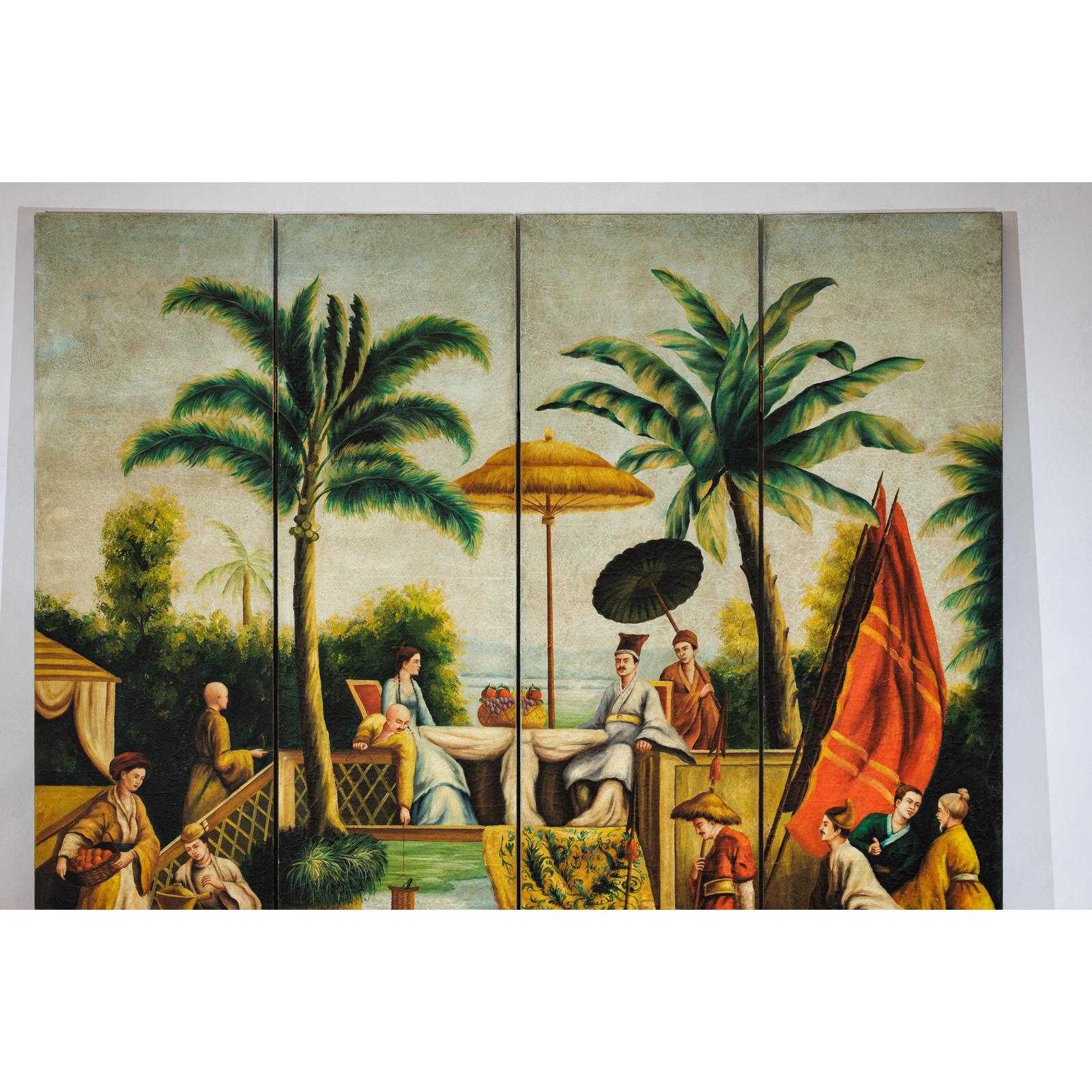 Hand-Painted Four-Panel Export Screen with Tropical Court Scene-4. Asian &amp; Chinese Furniture, Art, Antiques, Vintage Home Décor for sale at FEA Home