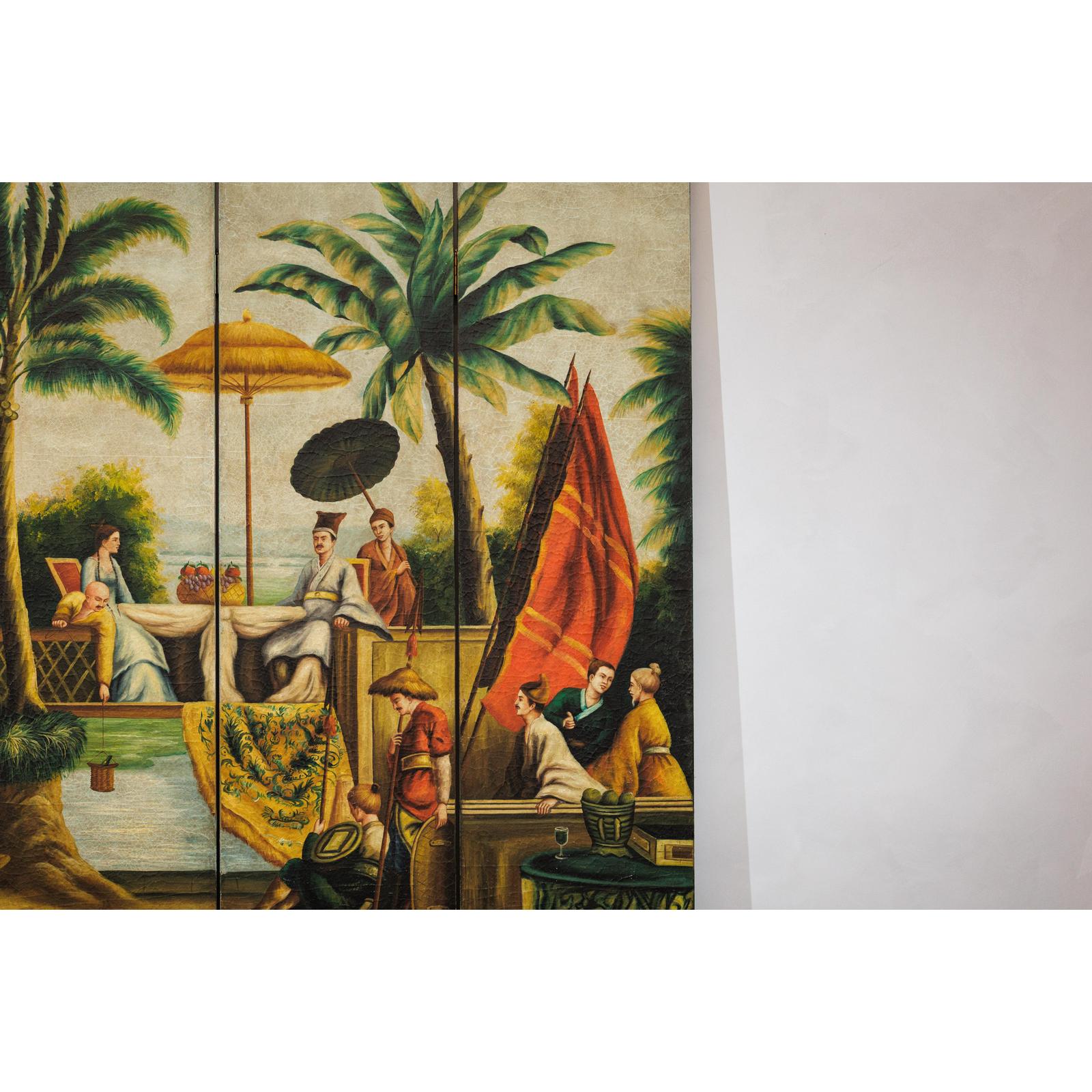 Hand-Painted Four-Panel Export Screen with Tropical Court Scene-5. Asian &amp; Chinese Furniture, Art, Antiques, Vintage Home Décor for sale at FEA Home