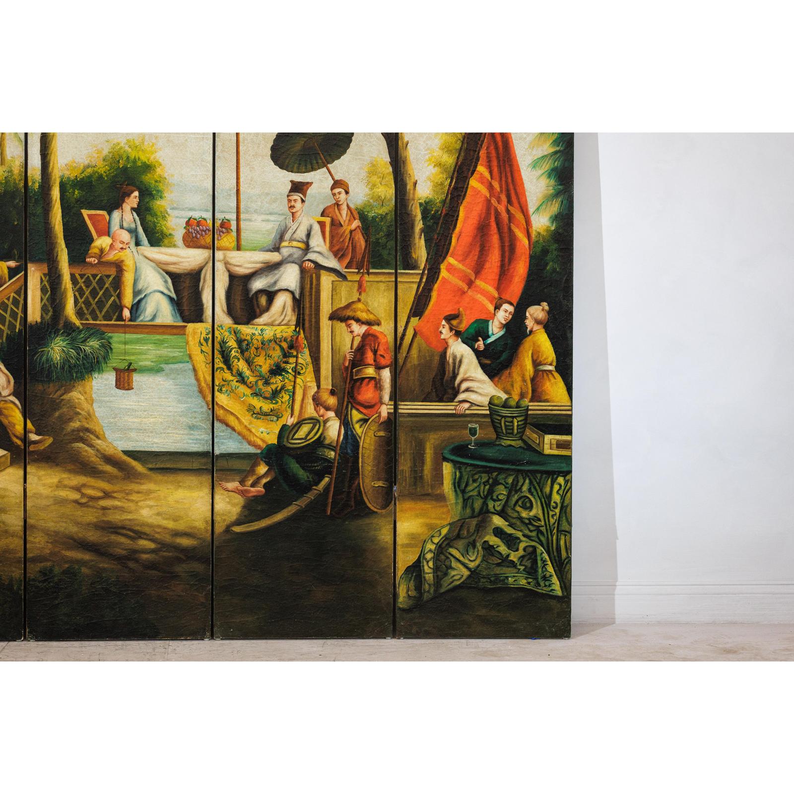 Hand-Painted Four-Panel Export Screen with Tropical Court Scene-6. Asian &amp; Chinese Furniture, Art, Antiques, Vintage Home Décor for sale at FEA Home