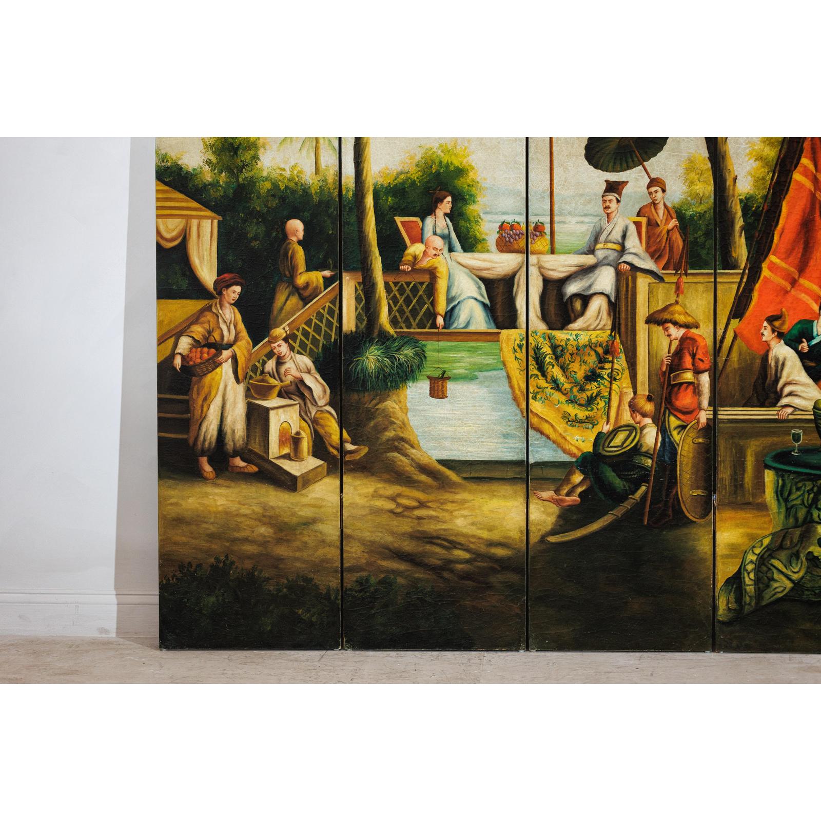 Hand-Painted Four-Panel Export Screen with Tropical Court Scene-7. Asian &amp; Chinese Furniture, Art, Antiques, Vintage Home Décor for sale at FEA Home