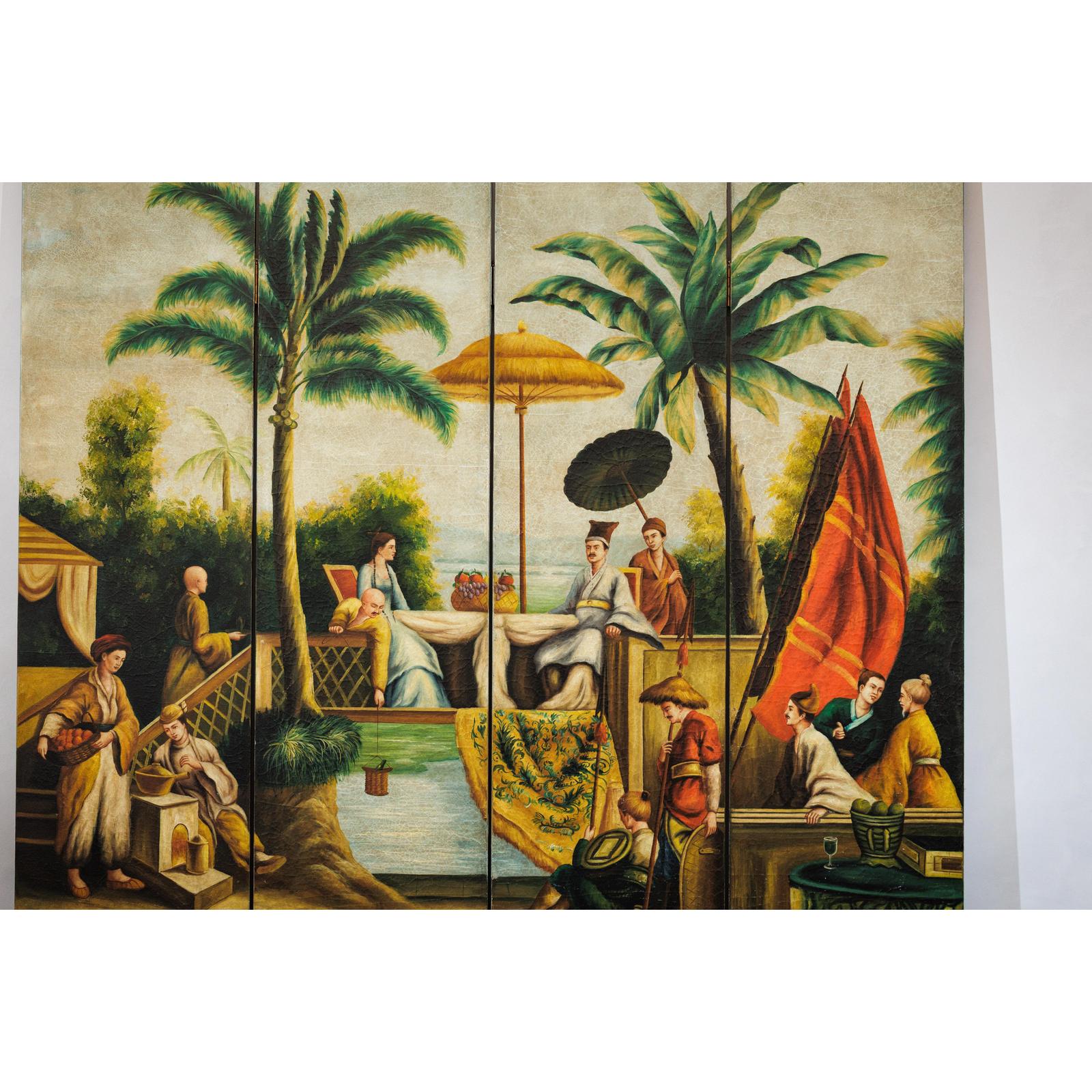 Hand-Painted Four-Panel Export Screen with Tropical Court Scene-8. Asian &amp; Chinese Furniture, Art, Antiques, Vintage Home Décor for sale at FEA Home