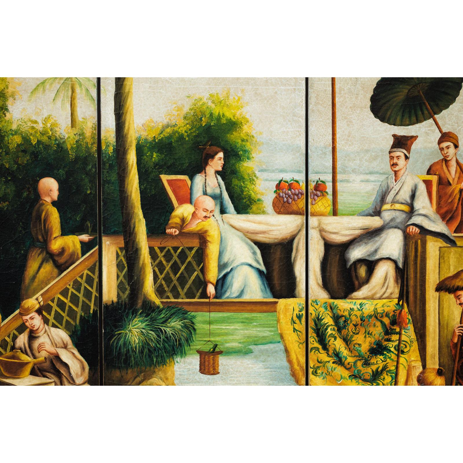 Hand-Painted Four-Panel Export Screen with Tropical Court Scene-9. Asian &amp; Chinese Furniture, Art, Antiques, Vintage Home Décor for sale at FEA Home