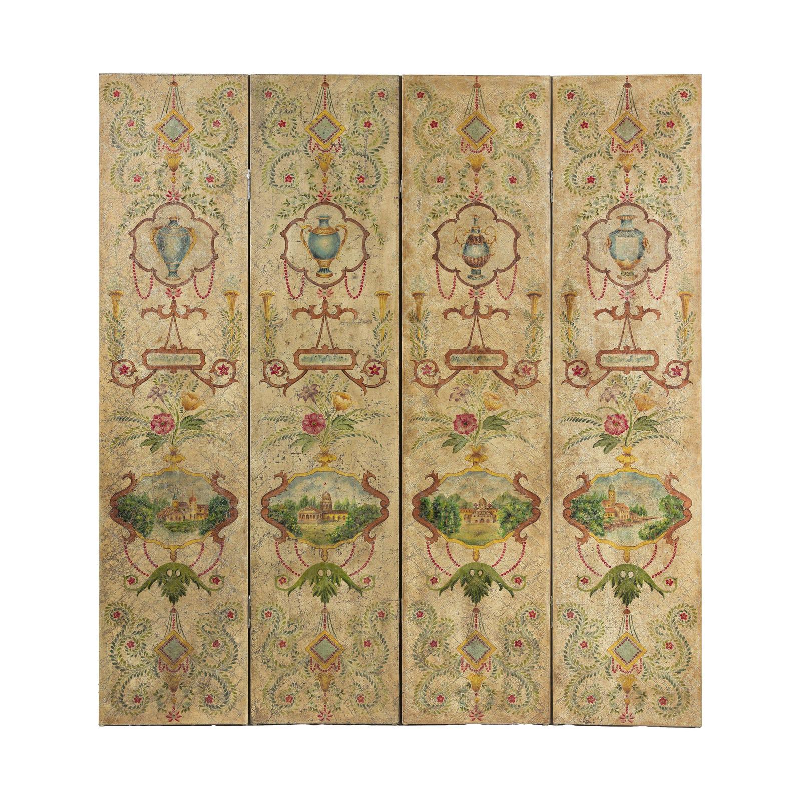 Hand-Painted Four-Panel Folding Screen with Neoclassical Style Motifs-12. Asian &amp; Chinese Furniture, Art, Antiques, Vintage Home Décor for sale at FEA Home