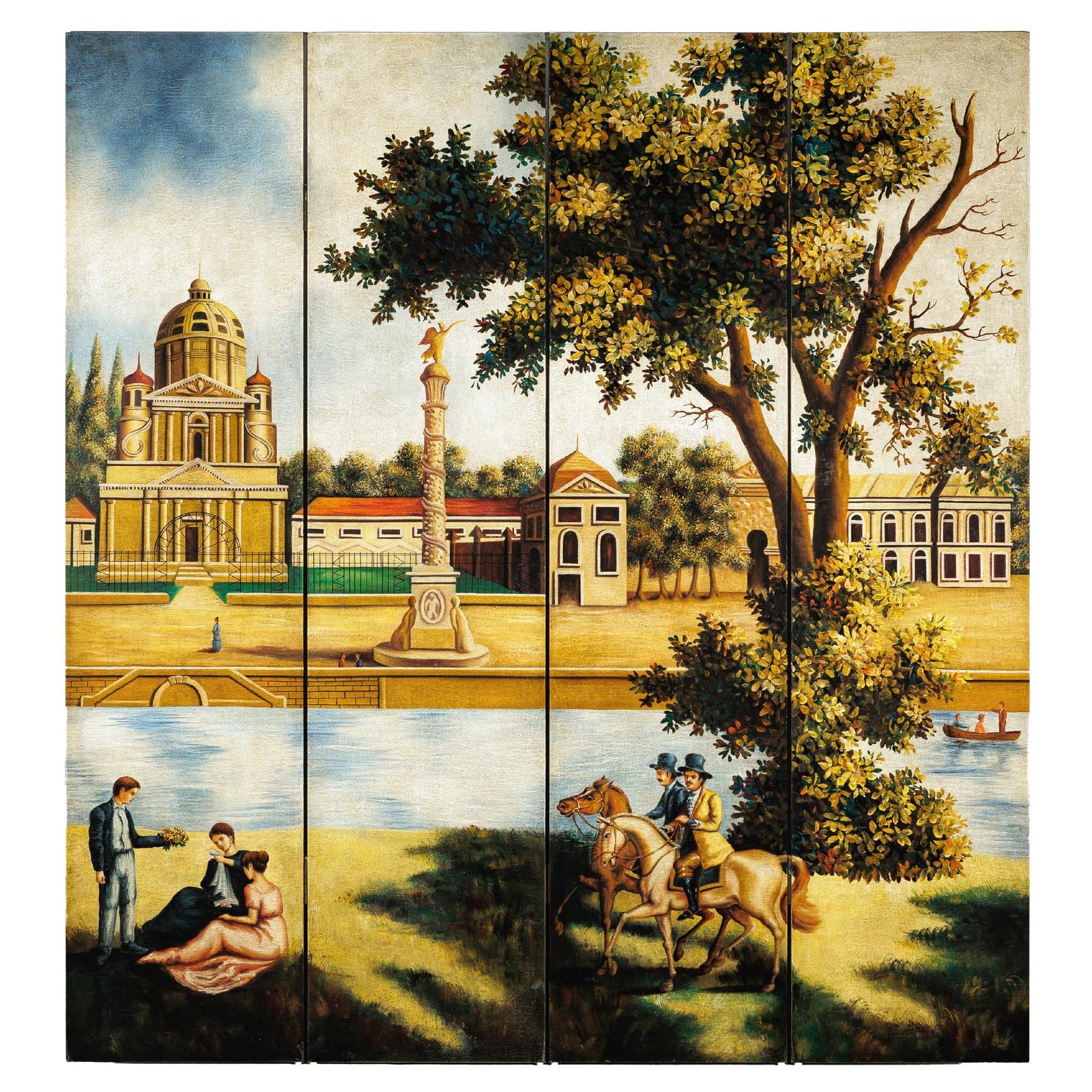 Hand-Painted Four-Panel Screen with Architectural and Equestrian Scene, Vintage-1. Asian & Chinese Furniture, Art, Antiques, Vintage Home Décor for sale at FEA Home