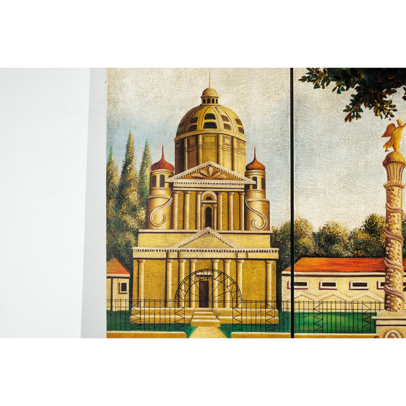 Hand-Painted Four-Panel Screen with Architectural and Equestrian Scene, Vintage-10. Asian &amp; Chinese Furniture, Art, Antiques, Vintage Home Décor for sale at FEA Home