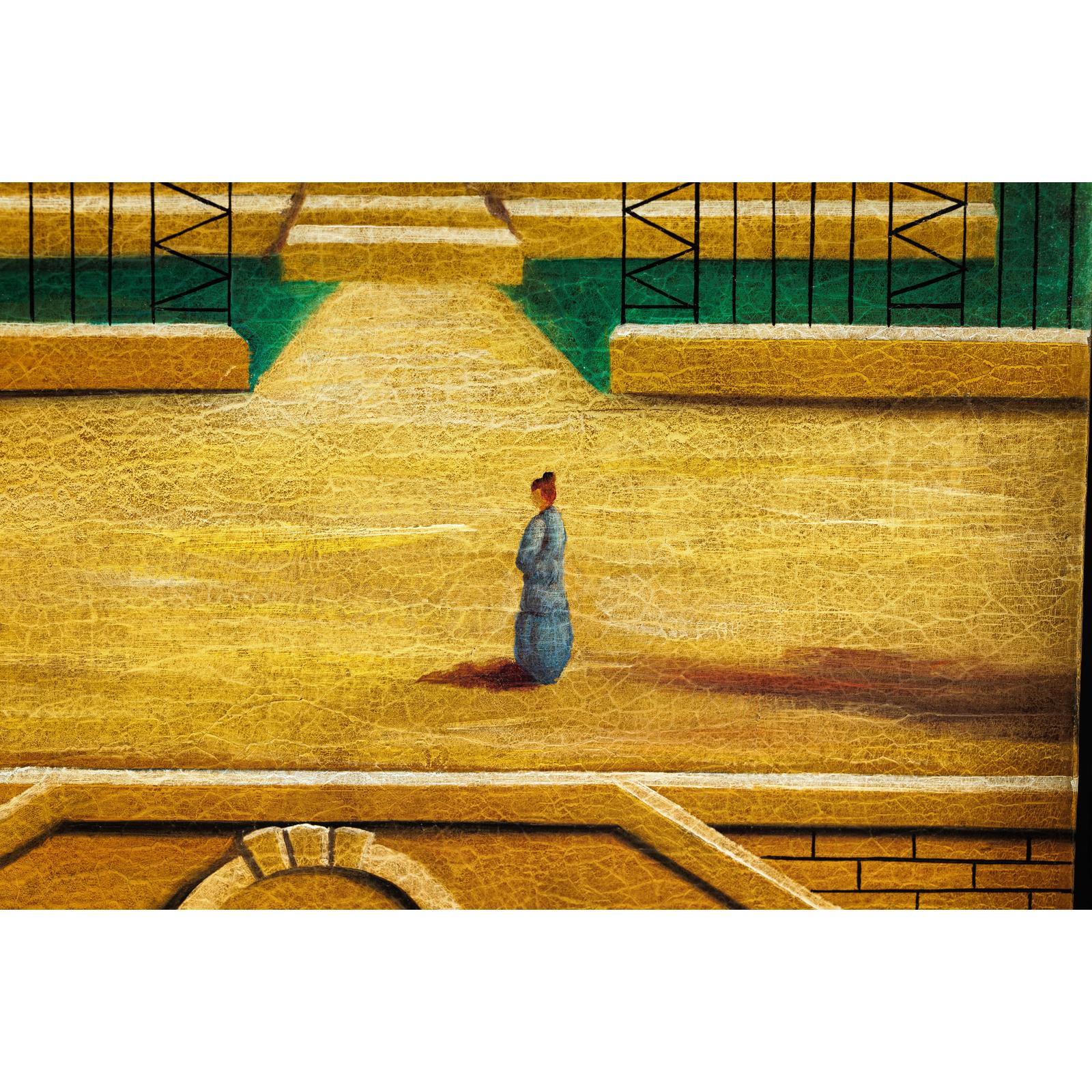 Hand-Painted Four-Panel Screen with Architectural and Equestrian Scene, Vintage-11. Asian &amp; Chinese Furniture, Art, Antiques, Vintage Home Décor for sale at FEA Home