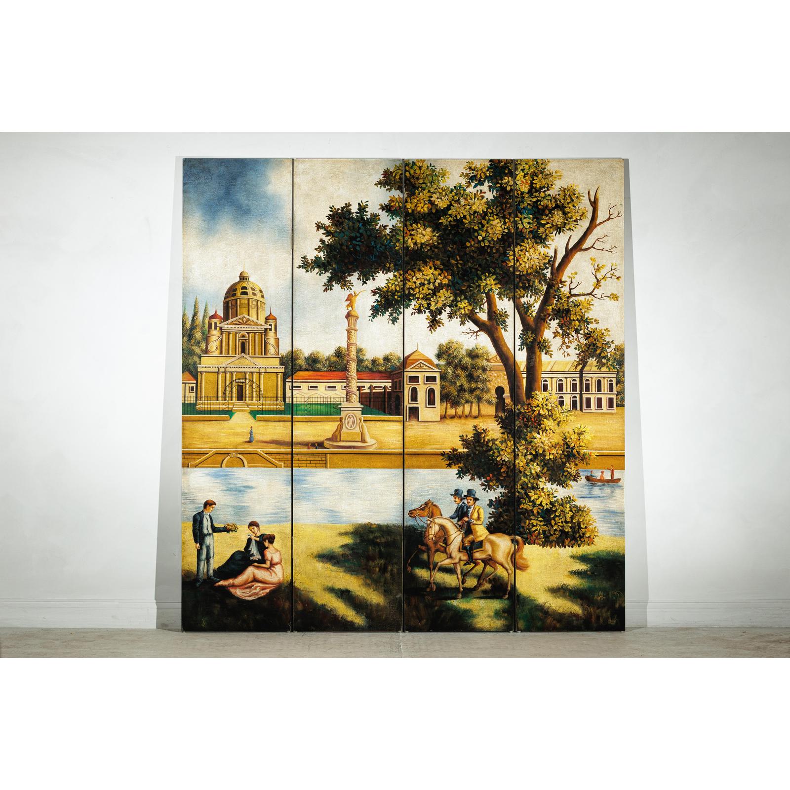 Hand-Painted Four-Panel Screen with Architectural and Equestrian Scene, Vintage-17. Asian &amp; Chinese Furniture, Art, Antiques, Vintage Home Décor for sale at FEA Home