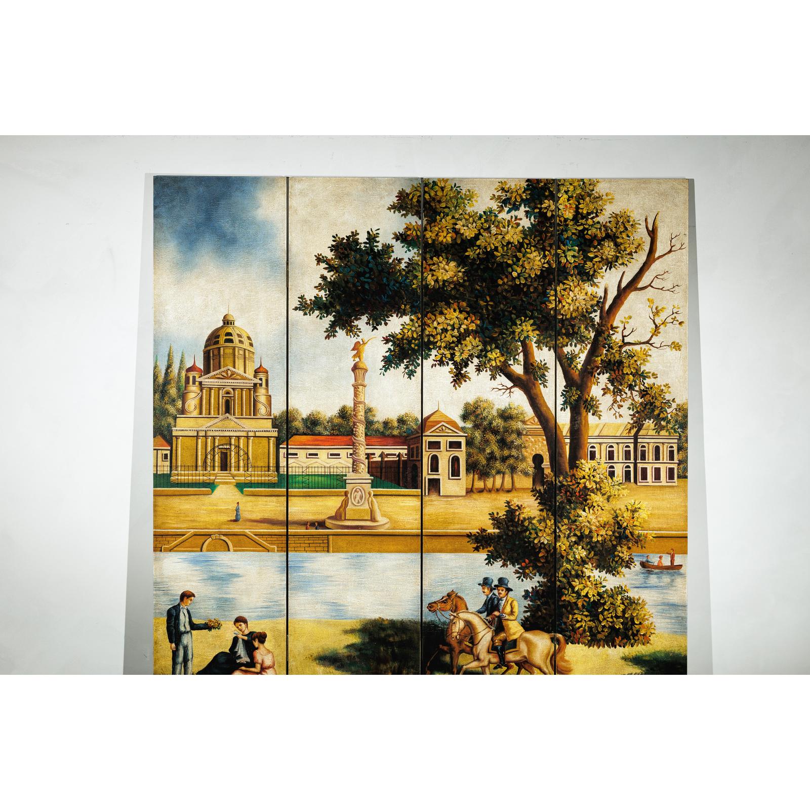 Hand-Painted Four-Panel Screen with Architectural and Equestrian Scene, Vintage-2. Asian & Chinese Furniture, Art, Antiques, Vintage Home Décor for sale at FEA Home