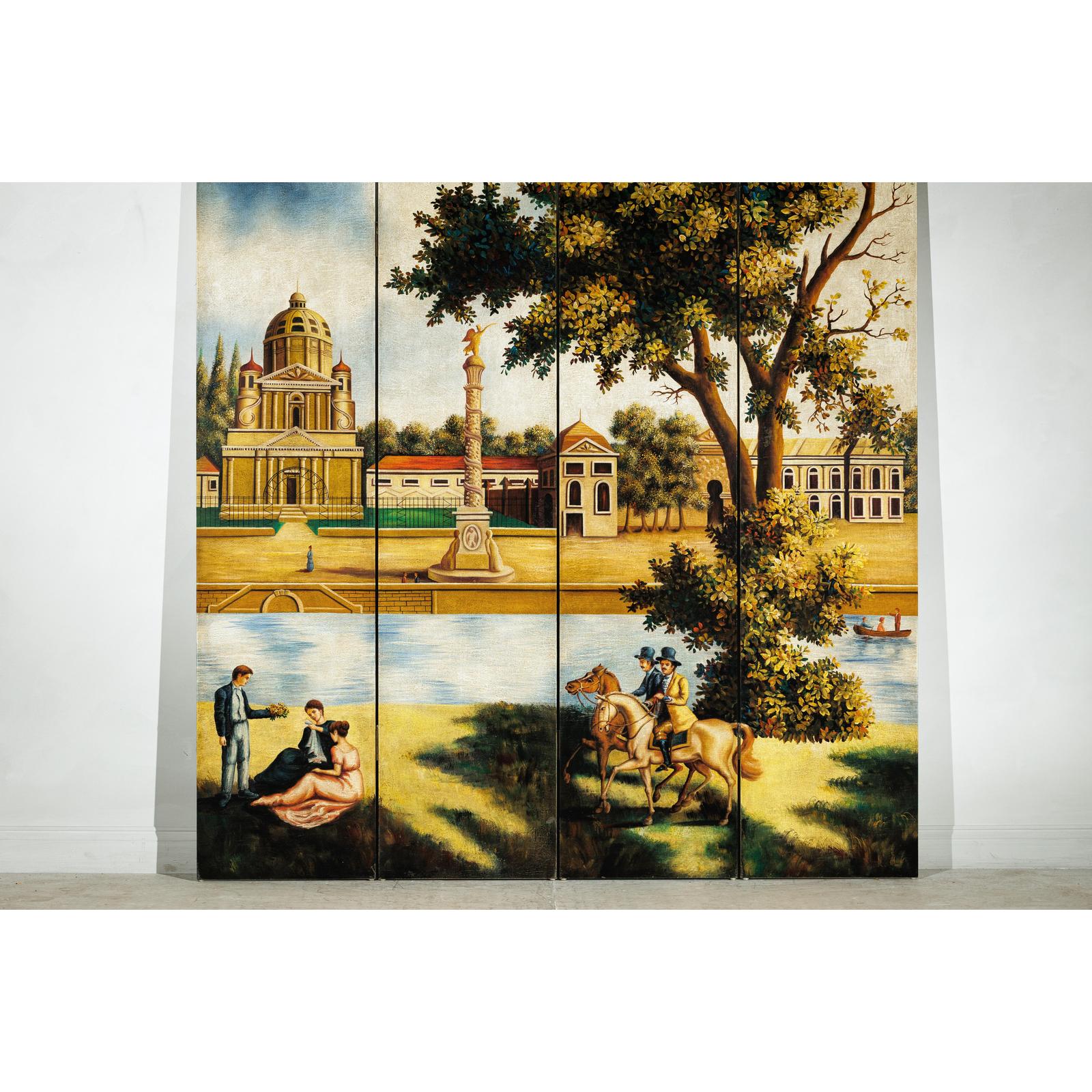 Hand-Painted Four-Panel Screen with Architectural and Equestrian Scene, Vintage-3. Asian &amp; Chinese Furniture, Art, Antiques, Vintage Home Décor for sale at FEA Home