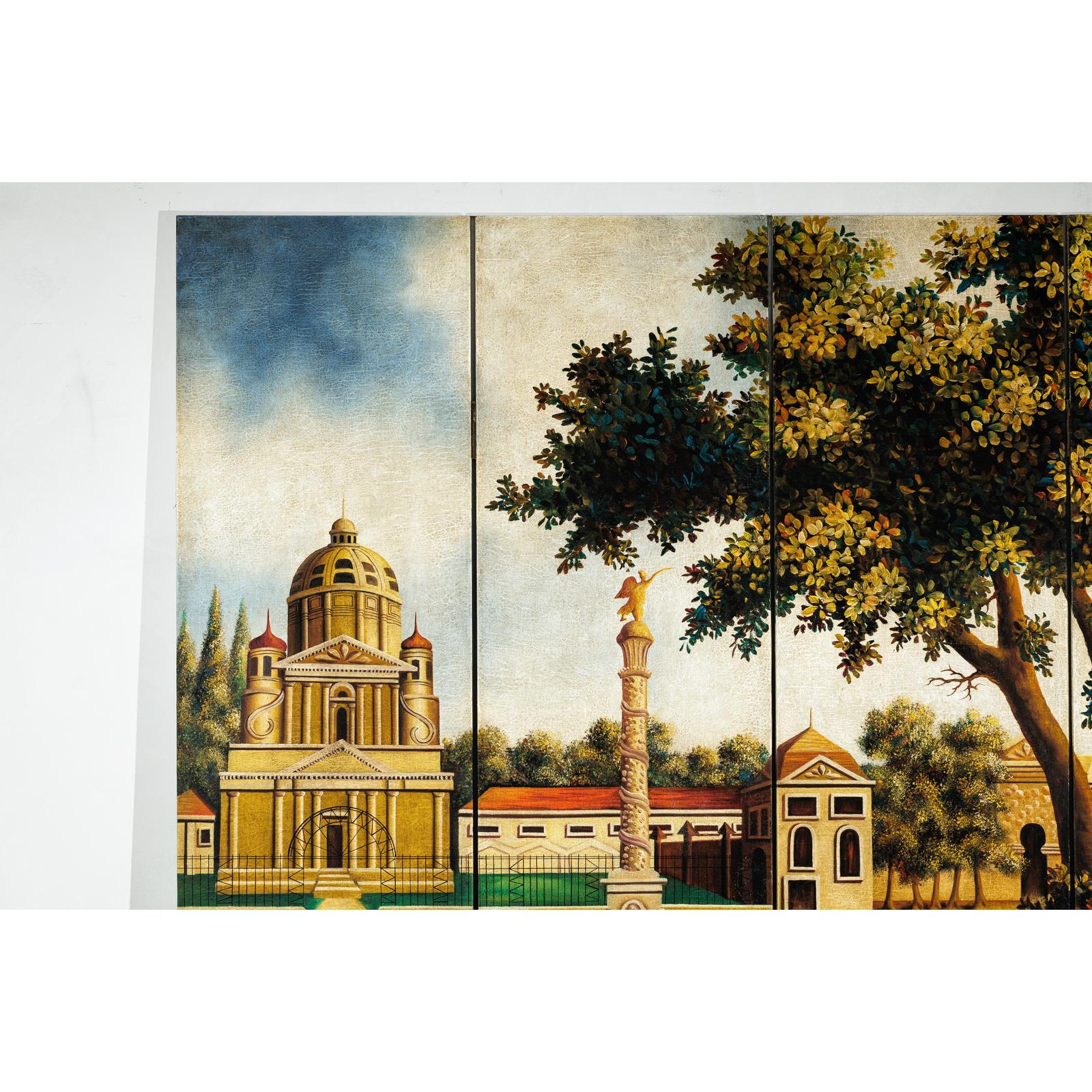 Hand-Painted Four-Panel Screen with Architectural and Equestrian Scene, Vintage-4. Asian &amp; Chinese Furniture, Art, Antiques, Vintage Home Décor for sale at FEA Home