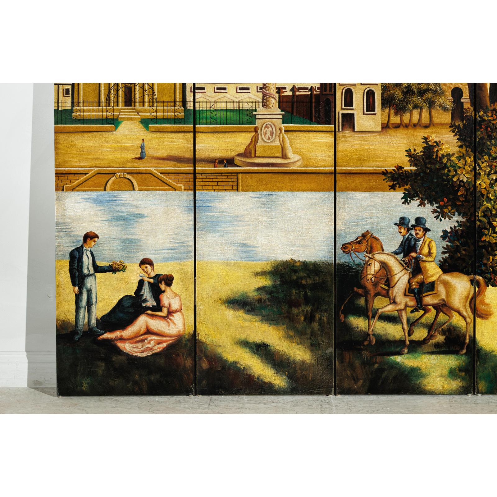 Hand-Painted Four-Panel Screen with Architectural and Equestrian Scene, Vintage-5. Asian &amp; Chinese Furniture, Art, Antiques, Vintage Home Décor for sale at FEA Home