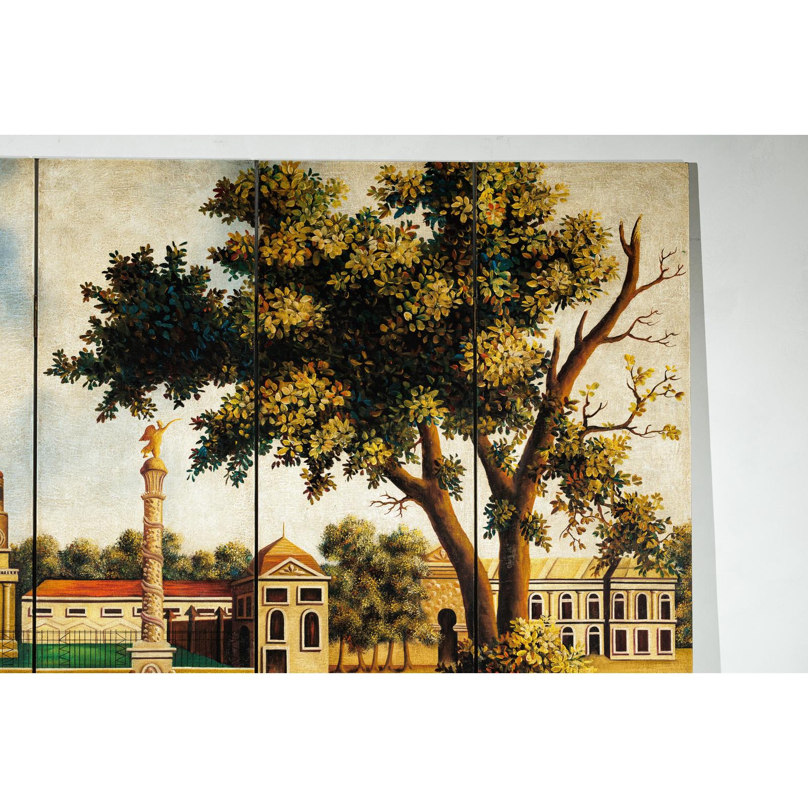 Hand-Painted Four-Panel Screen with Architectural and Equestrian Scene, Vintage-6. Asian &amp; Chinese Furniture, Art, Antiques, Vintage Home Décor for sale at FEA Home