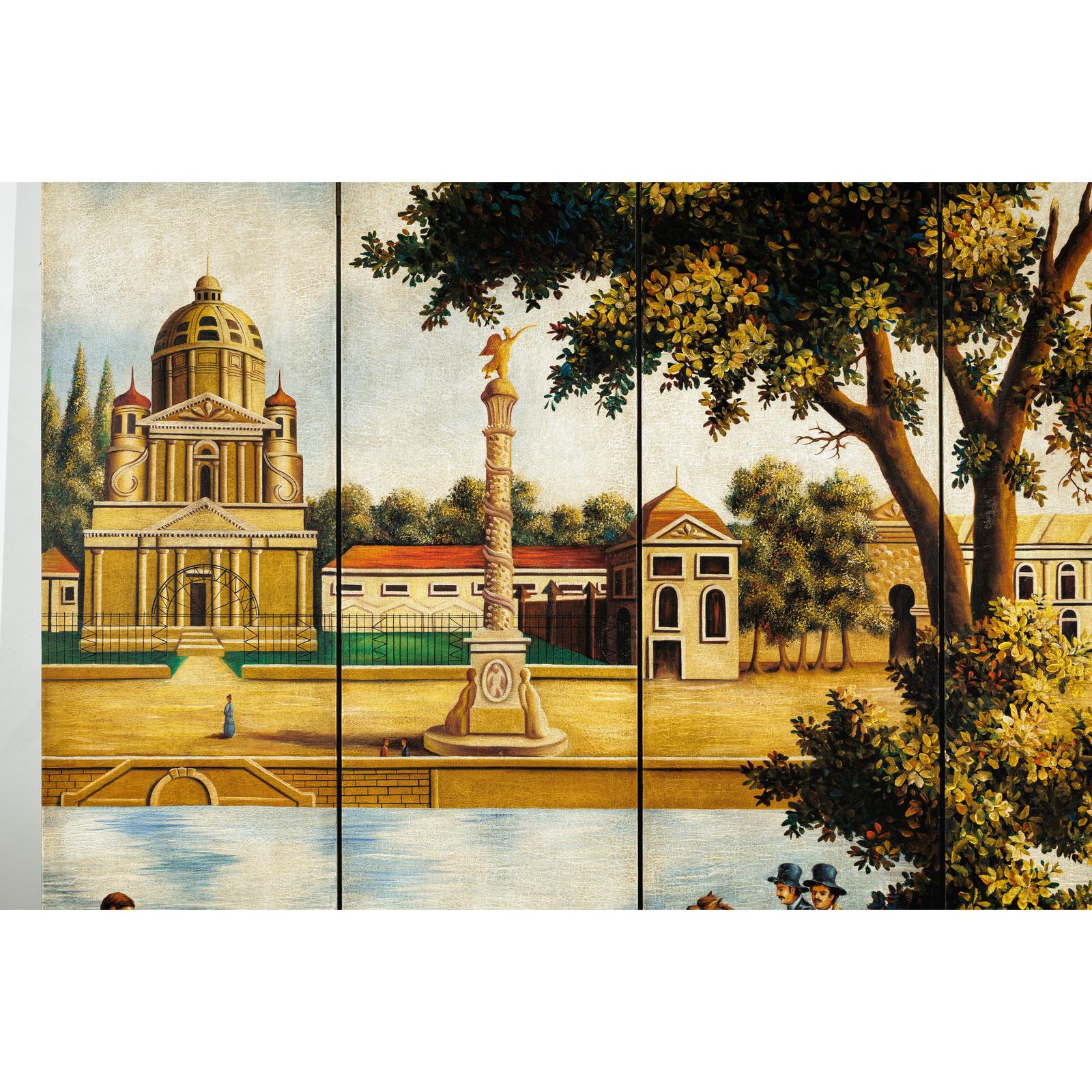 Hand-Painted Four-Panel Screen with Architectural and Equestrian Scene, Vintage-7. Asian &amp; Chinese Furniture, Art, Antiques, Vintage Home Décor for sale at FEA Home