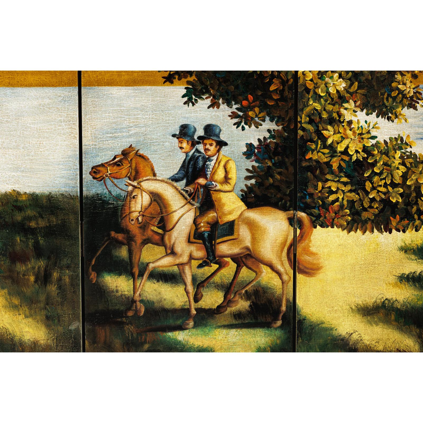Hand-Painted Four-Panel Screen with Architectural and Equestrian Scene, Vintage-9. Asian &amp; Chinese Furniture, Art, Antiques, Vintage Home Décor for sale at FEA Home