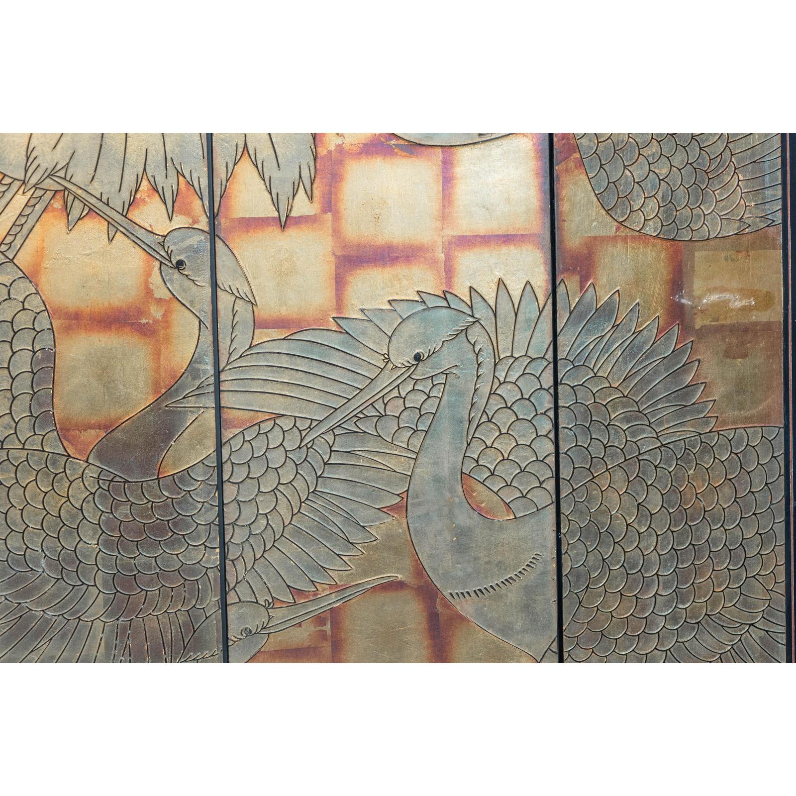 Hand-Painted Lacquer Screen with Flying Cranes and Botanical Motifs-11. Asian &amp; Chinese Furniture, Art, Antiques, Vintage Home Décor for sale at FEA Home