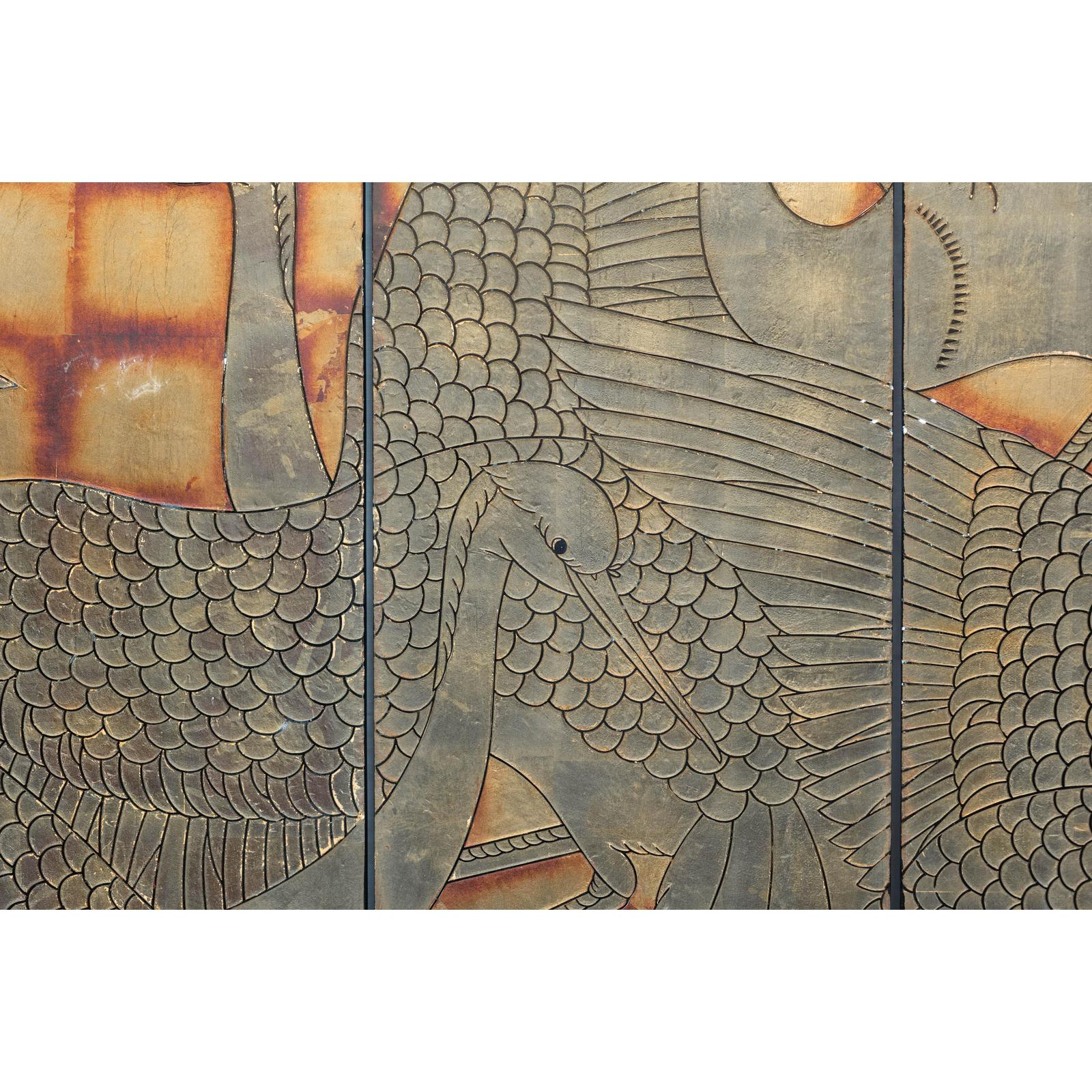 Hand-Painted Lacquer Screen with Flying Cranes and Botanical Motifs-12. Asian &amp; Chinese Furniture, Art, Antiques, Vintage Home Décor for sale at FEA Home