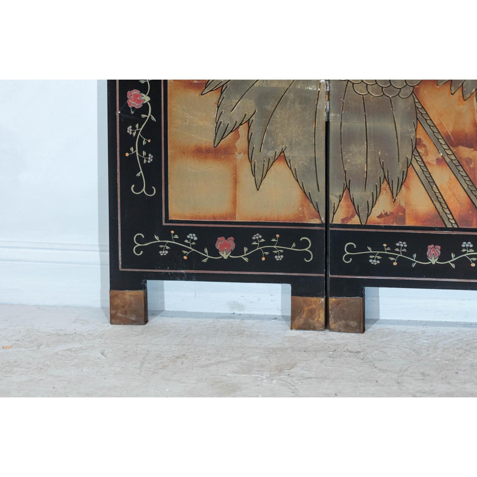 Hand-Painted Lacquer Screen with Flying Cranes and Botanical Motifs-14. Asian &amp; Chinese Furniture, Art, Antiques, Vintage Home Décor for sale at FEA Home