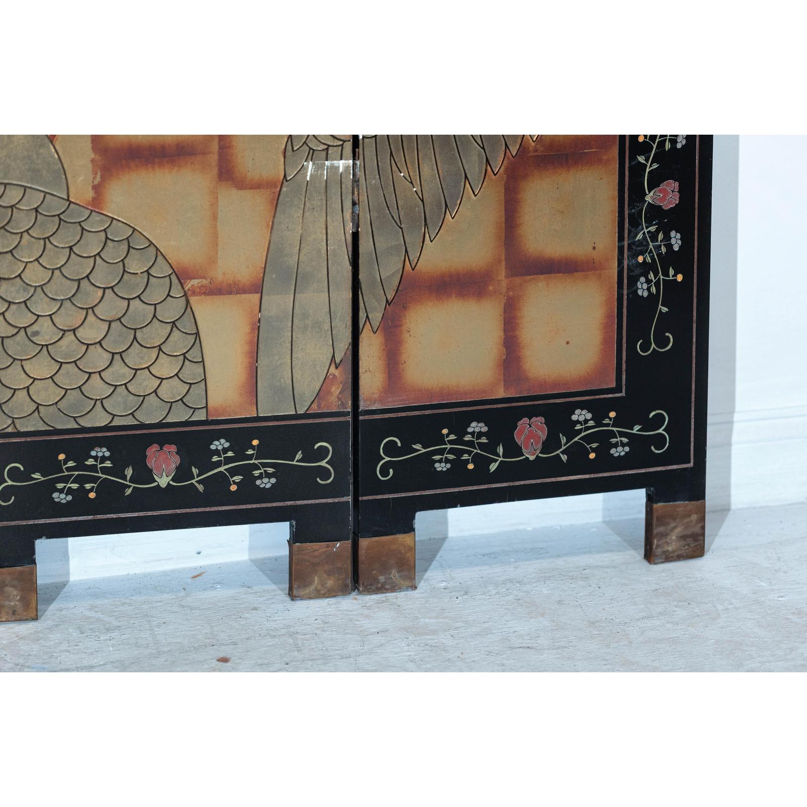 Hand-Painted Lacquer Screen with Flying Cranes and Botanical Motifs-15. Asian &amp; Chinese Furniture, Art, Antiques, Vintage Home Décor for sale at FEA Home