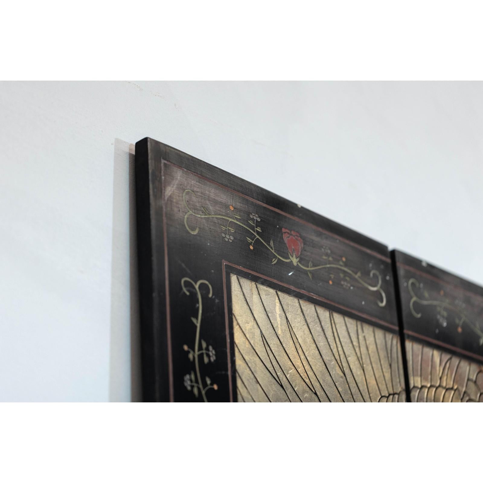 Hand-Painted Lacquer Screen with Flying Cranes and Botanical Motifs-16. Asian &amp; Chinese Furniture, Art, Antiques, Vintage Home Décor for sale at FEA Home
