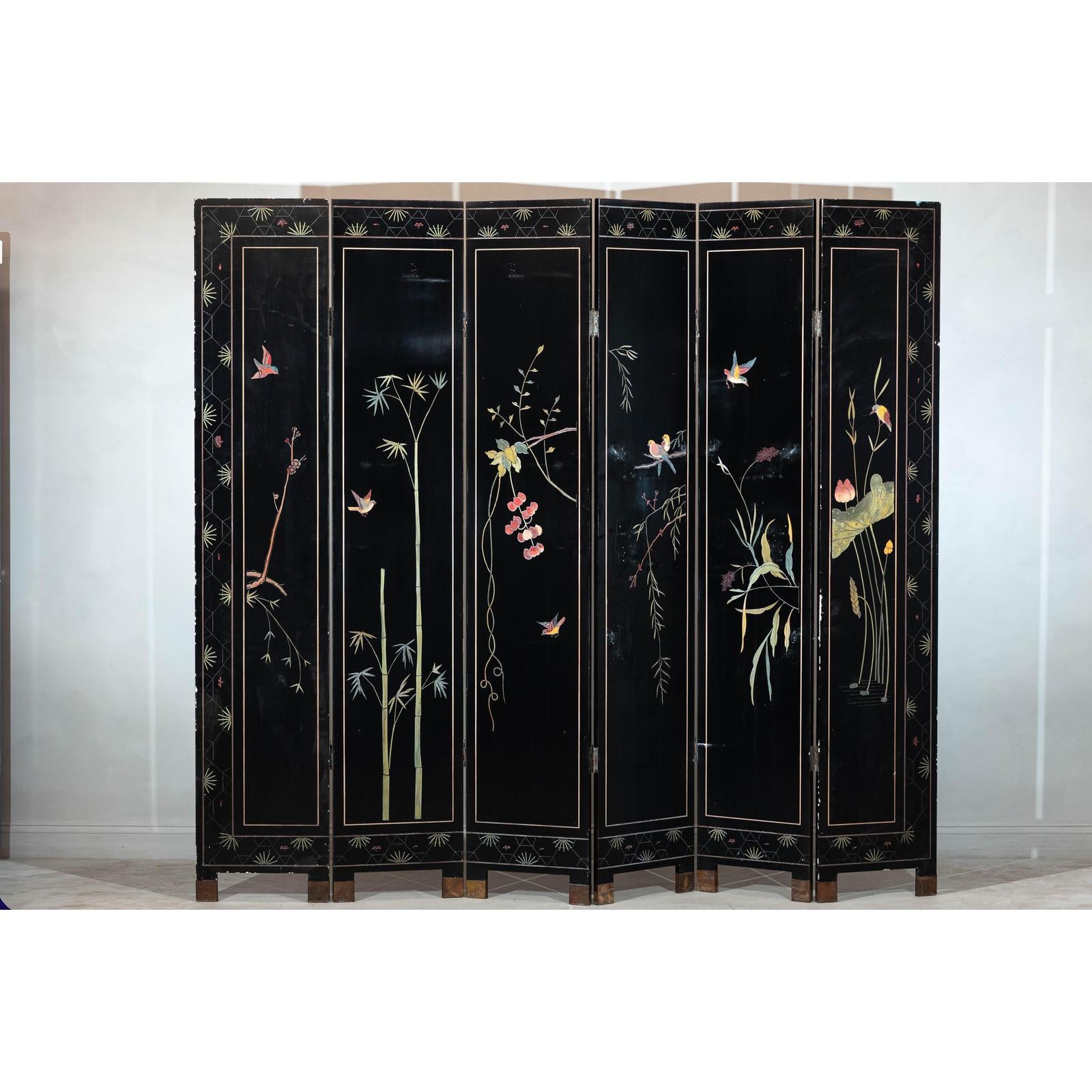 Hand-Painted Lacquer Screen with Flying Cranes and Botanical Motifs-19. Asian &amp; Chinese Furniture, Art, Antiques, Vintage Home Décor for sale at FEA Home