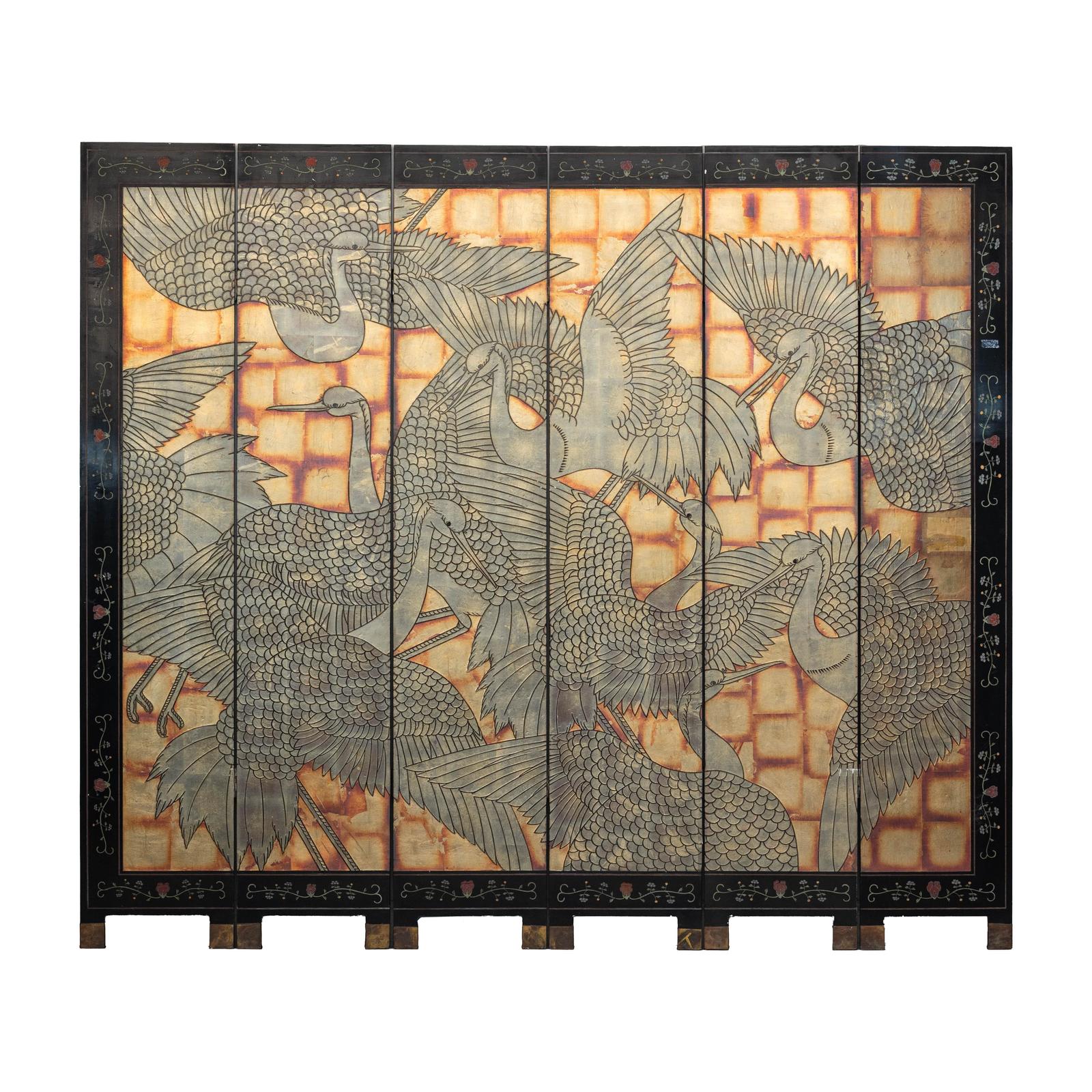 Hand-Painted Lacquer Screen with Flying Cranes and Botanical Motifs-20. Asian &amp; Chinese Furniture, Art, Antiques, Vintage Home Décor for sale at FEA Home