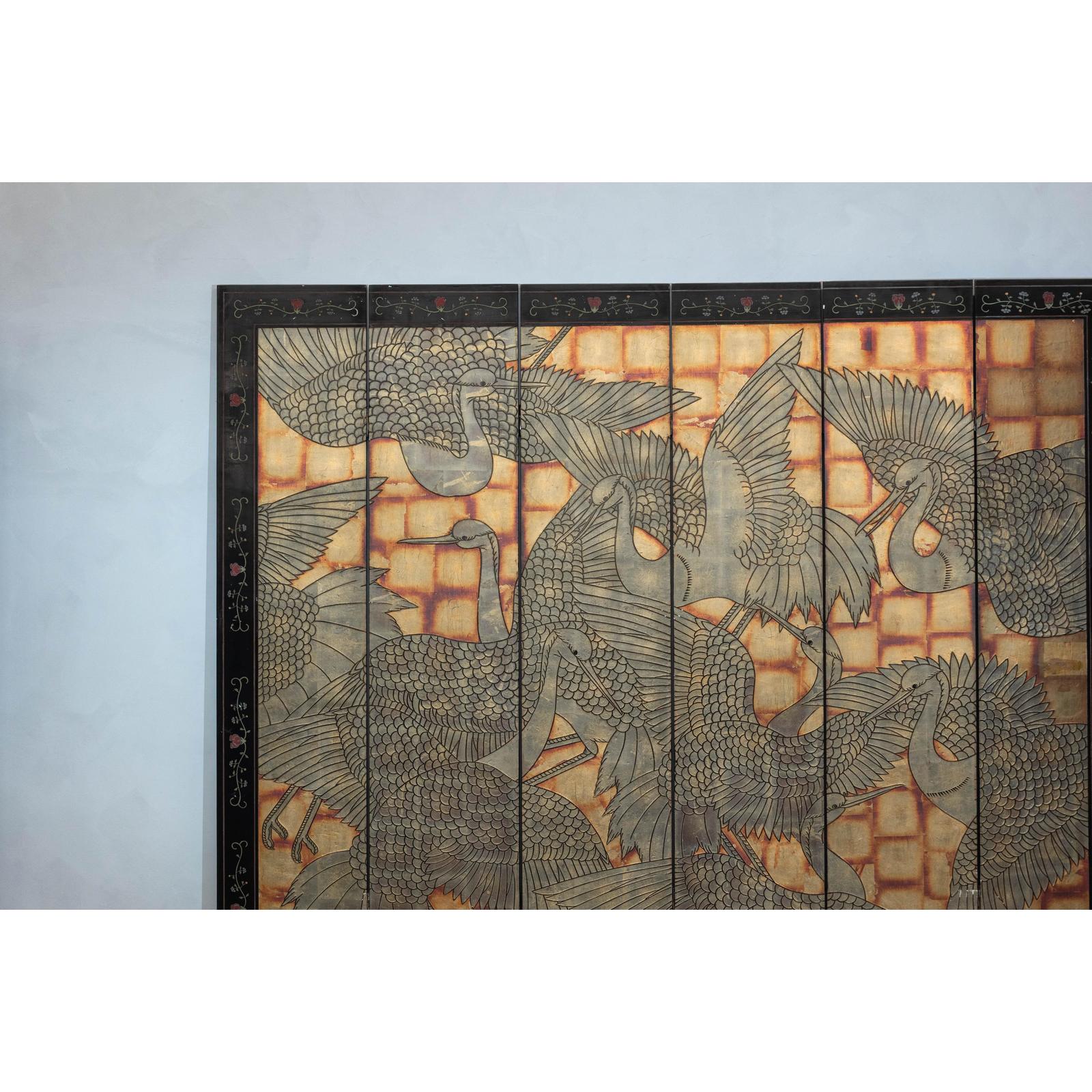 Hand-Painted Lacquer Screen with Flying Cranes and Botanical Motifs-3. Asian &amp; Chinese Furniture, Art, Antiques, Vintage Home Décor for sale at FEA Home