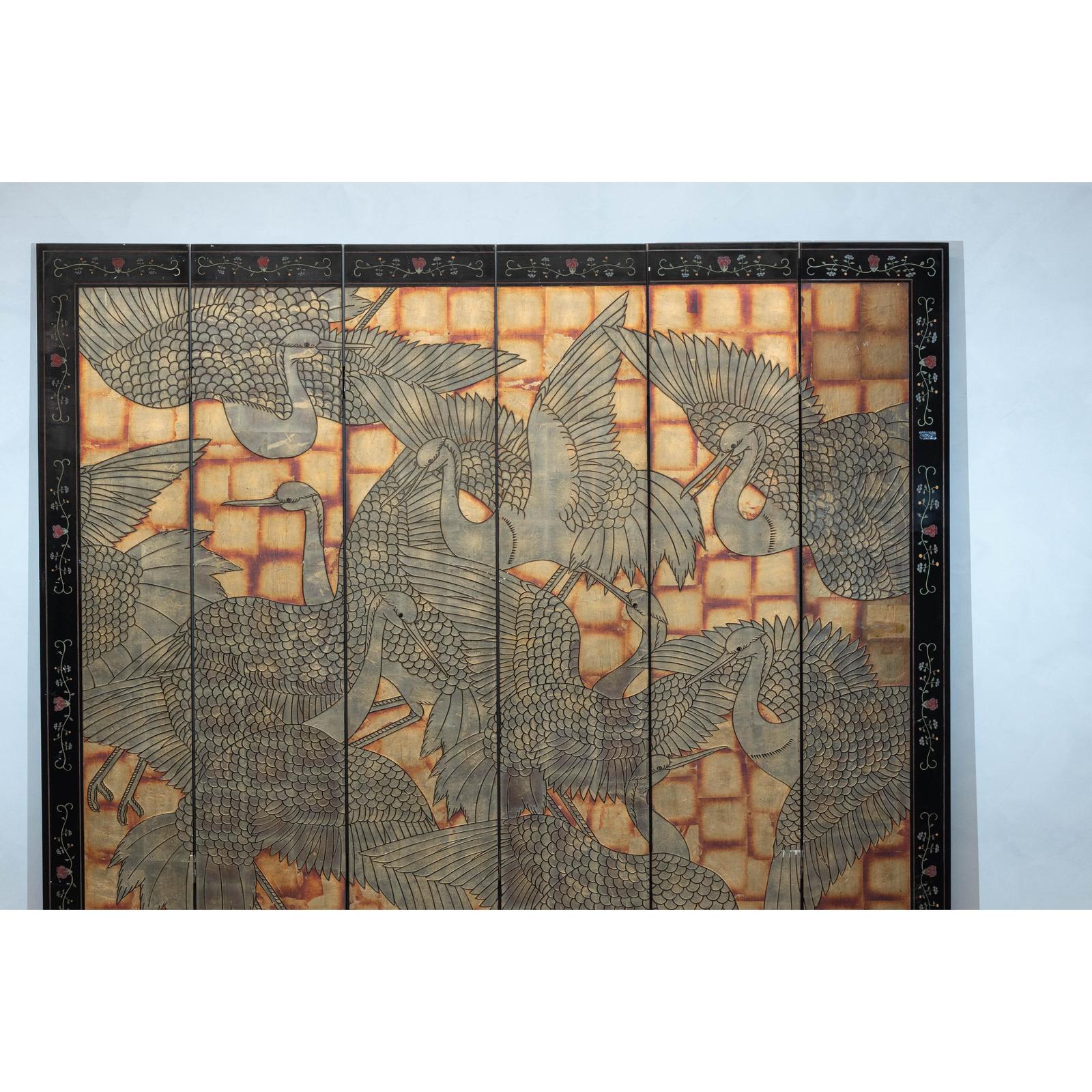 Hand-Painted Lacquer Screen with Flying Cranes and Botanical Motifs-4. Asian &amp; Chinese Furniture, Art, Antiques, Vintage Home Décor for sale at FEA Home