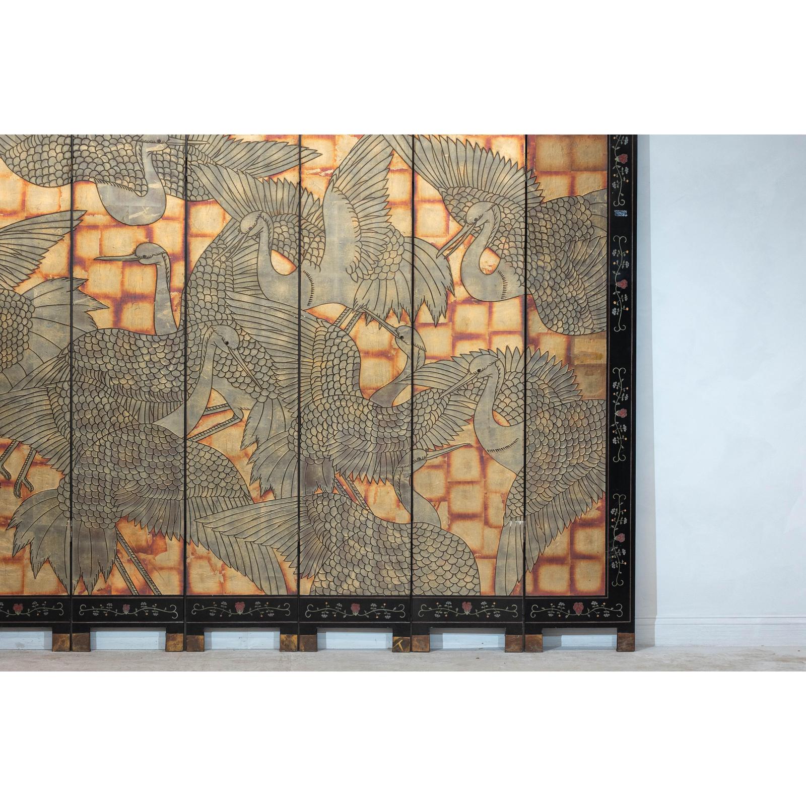 Hand-Painted Lacquer Screen with Flying Cranes and Botanical Motifs-5. Asian &amp; Chinese Furniture, Art, Antiques, Vintage Home Décor for sale at FEA Home