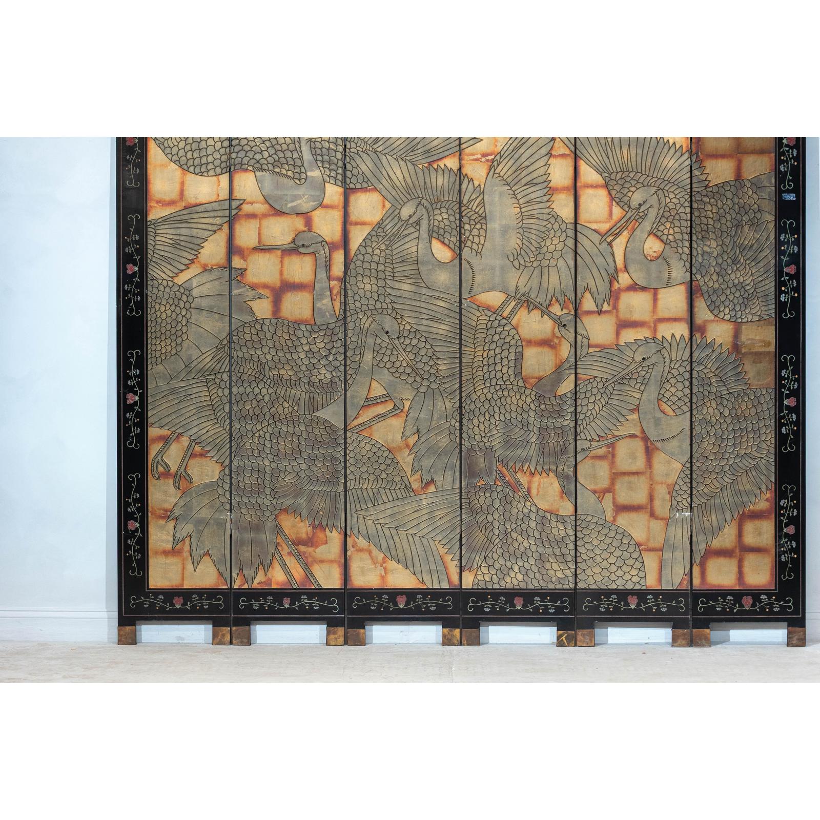 Hand-Painted Lacquer Screen with Flying Cranes and Botanical Motifs-6. Asian &amp; Chinese Furniture, Art, Antiques, Vintage Home Décor for sale at FEA Home