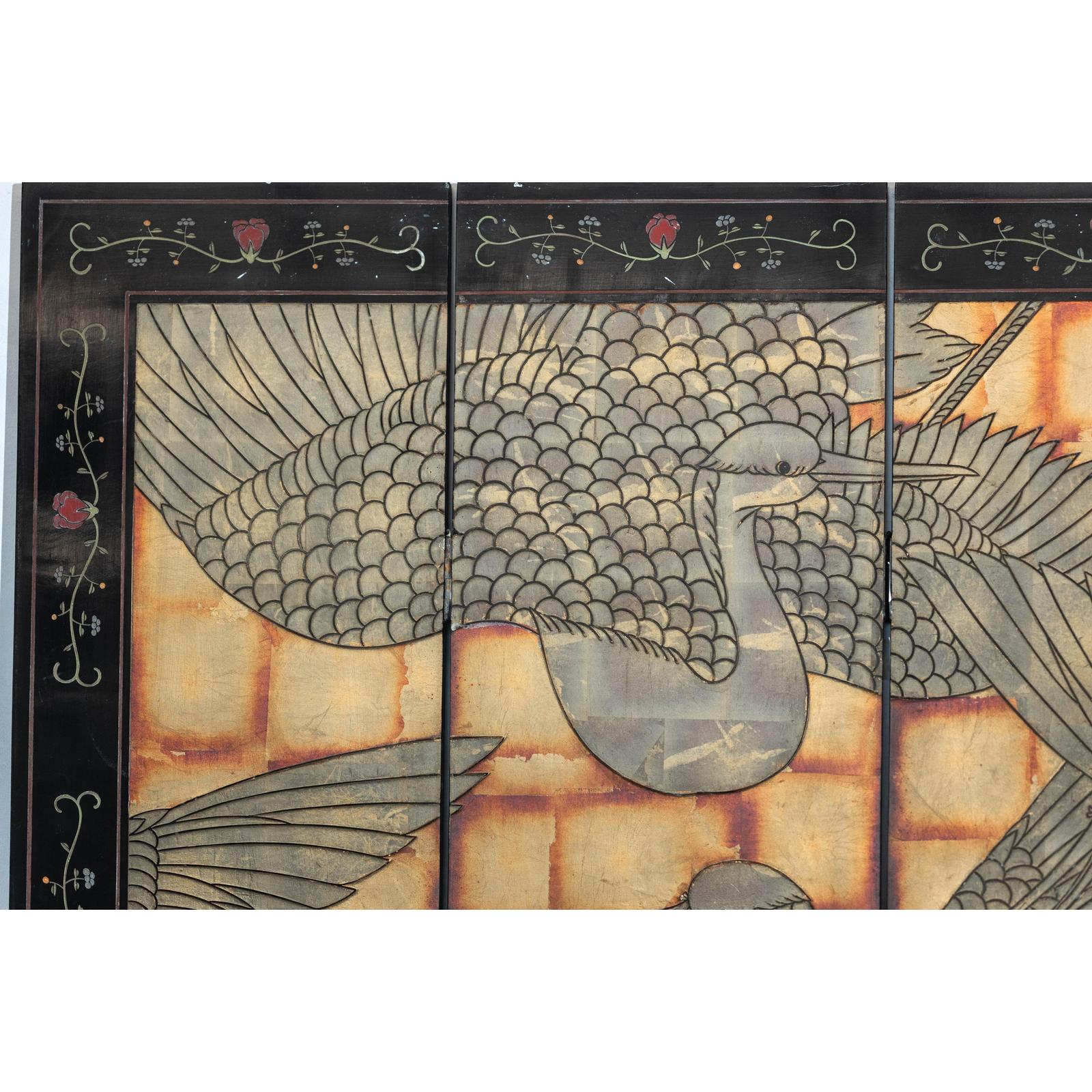Hand-Painted Lacquer Screen with Flying Cranes and Botanical Motifs-7. Asian &amp; Chinese Furniture, Art, Antiques, Vintage Home Décor for sale at FEA Home