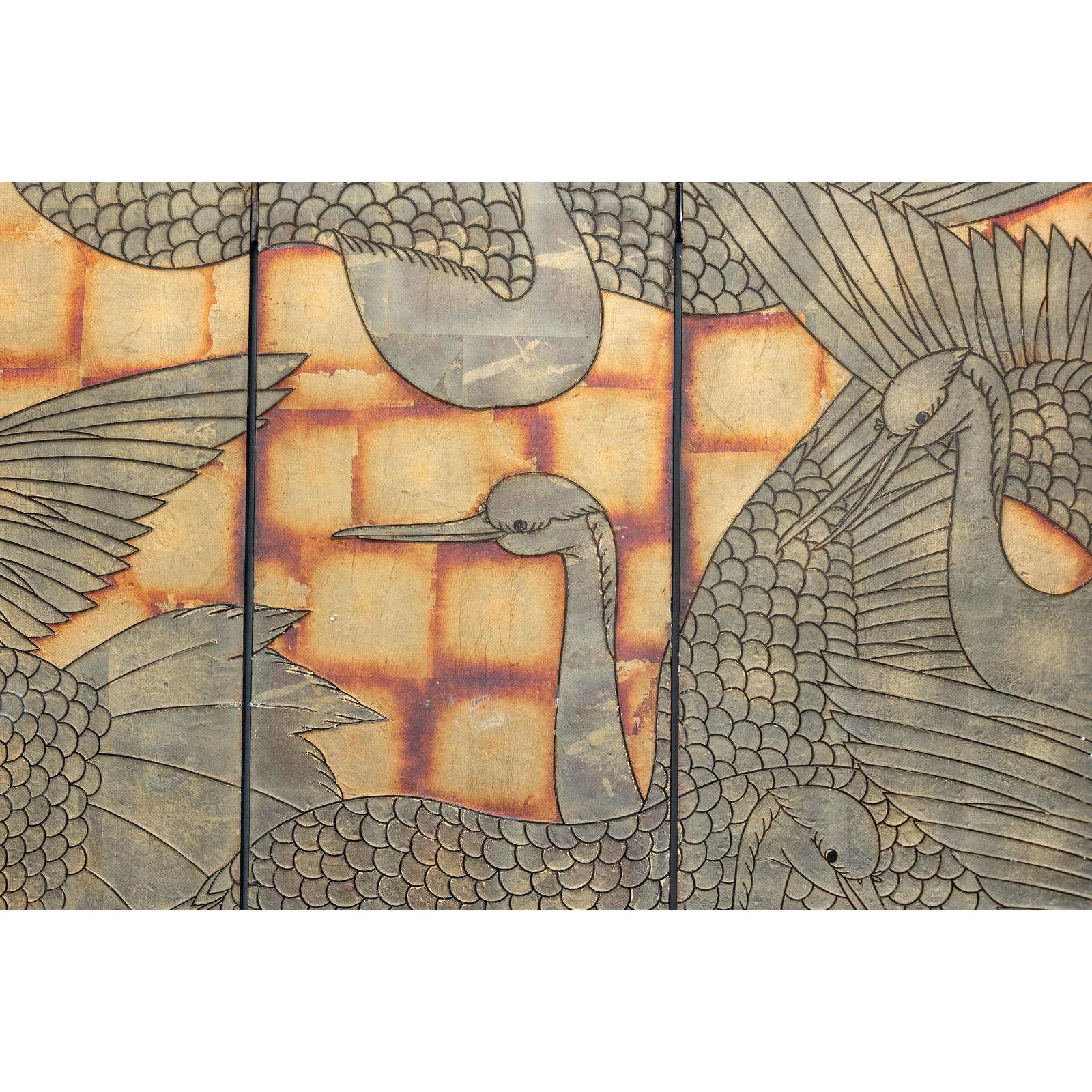 Hand-Painted Lacquer Screen with Flying Cranes and Botanical Motifs-8. Asian &amp; Chinese Furniture, Art, Antiques, Vintage Home Décor for sale at FEA Home