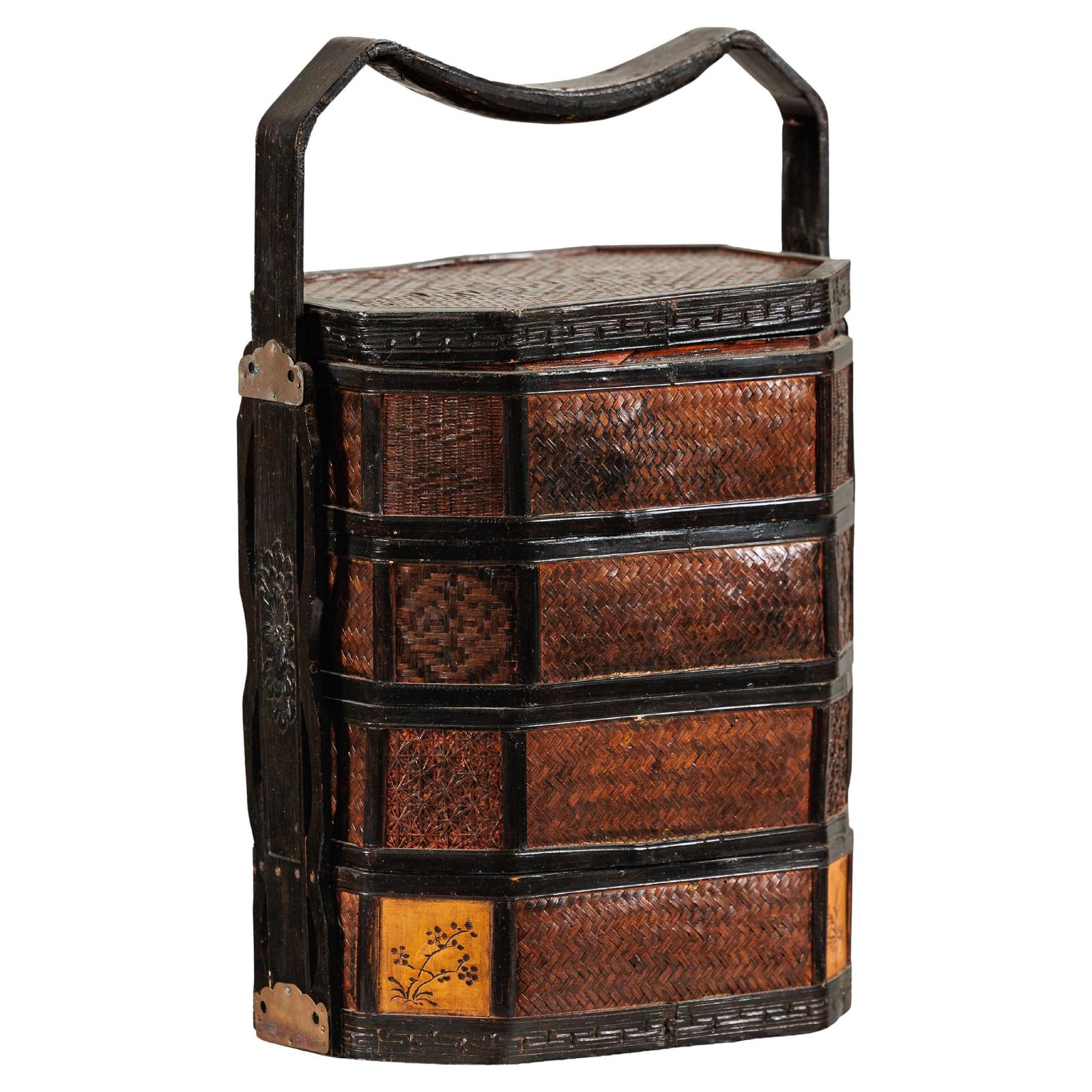 Hexagonal Four-Tier Woven Bamboo Basket with Carved Handle - image 1