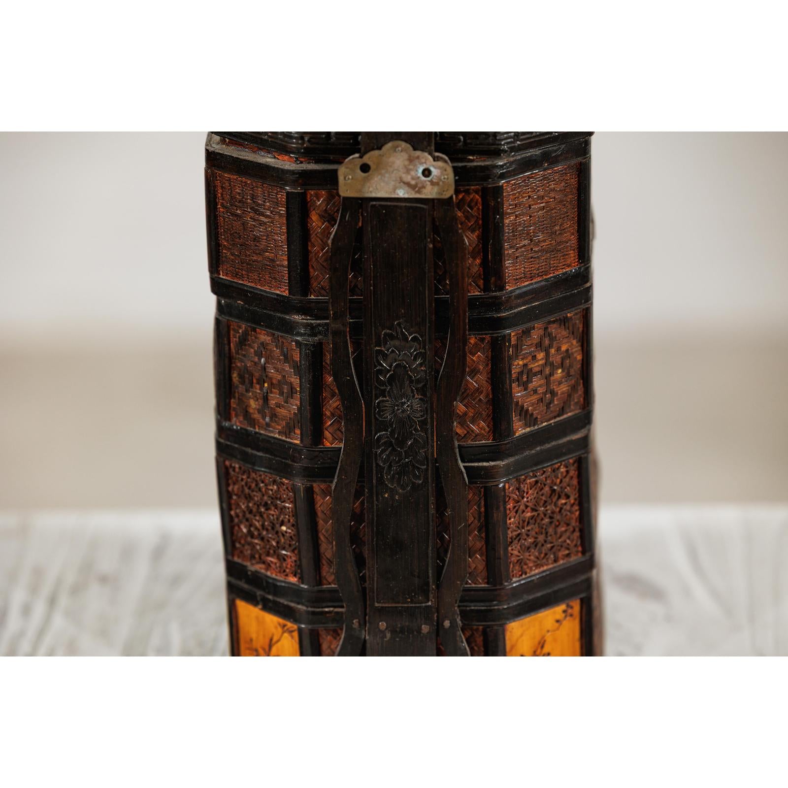 Hexagonal Four-Tier Woven Bamboo Basket with Carved Handle - image 10