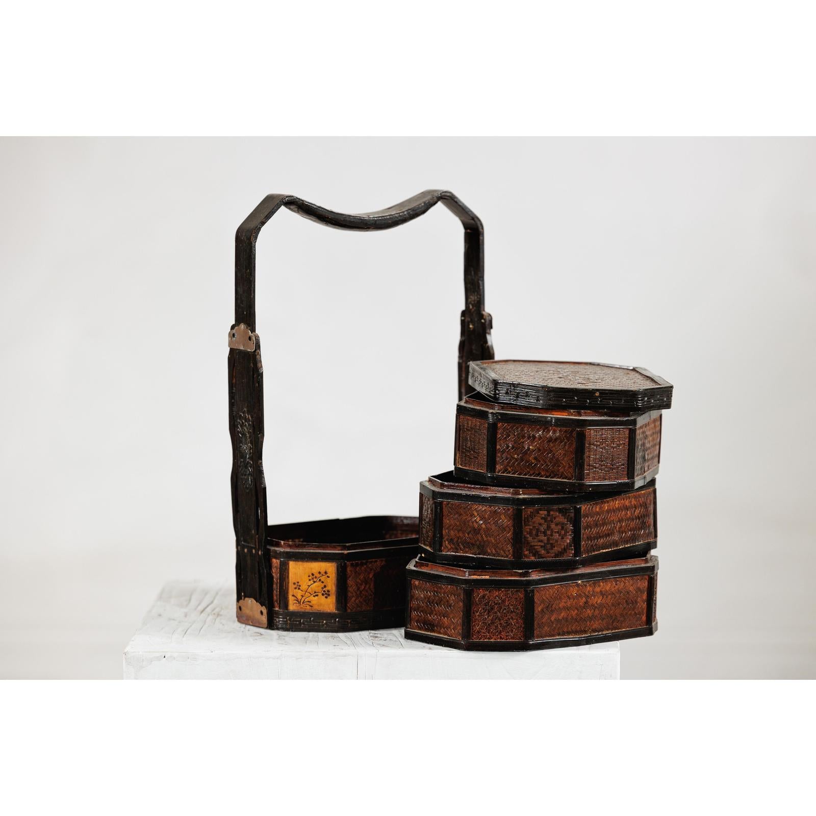 Hexagonal Four-Tier Woven Bamboo Basket with Carved Handle - image 13