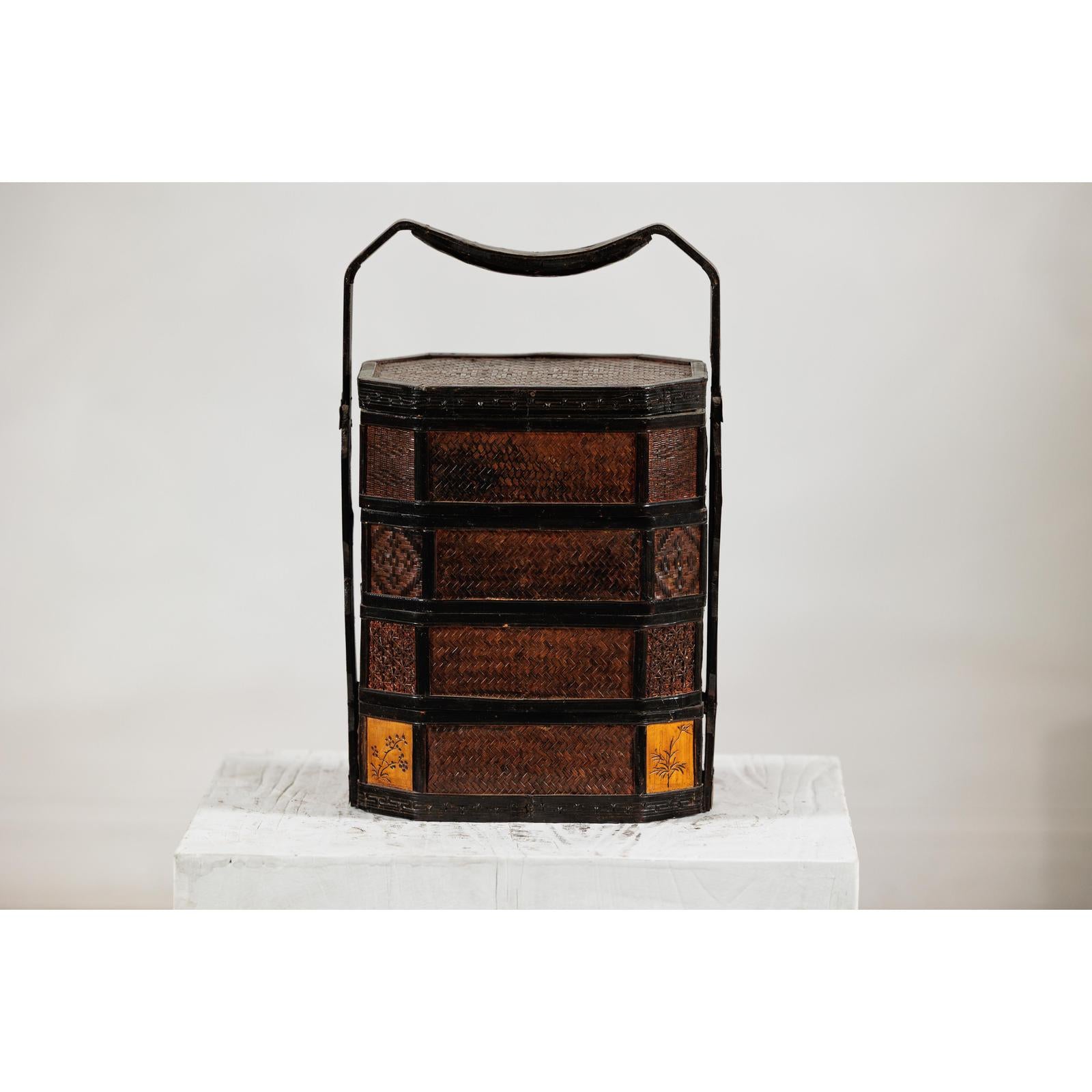Hexagonal Four-Tier Woven Bamboo Basket with Carved Handle - image 14