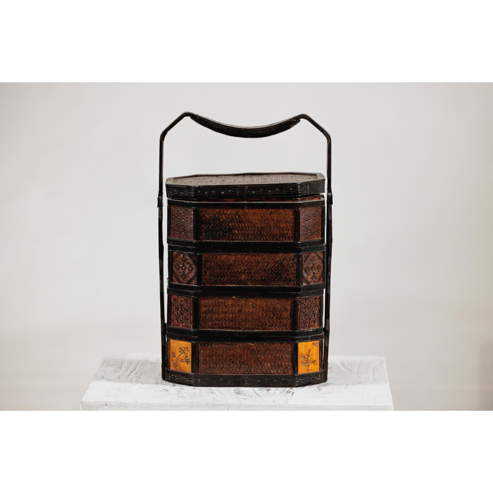 Hexagonal Four-Tier Woven Bamboo Basket with Carved Handle - image 2