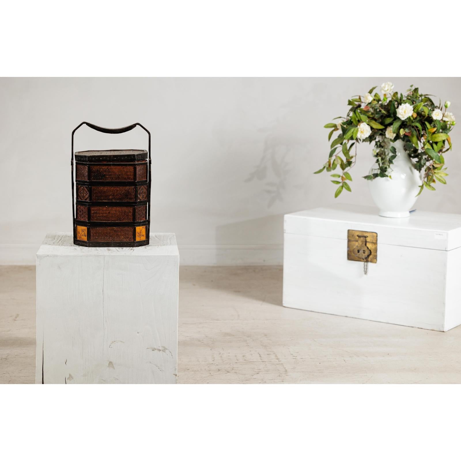 Hexagonal Four-Tier Woven Bamboo Basket with Carved Handle - image 3