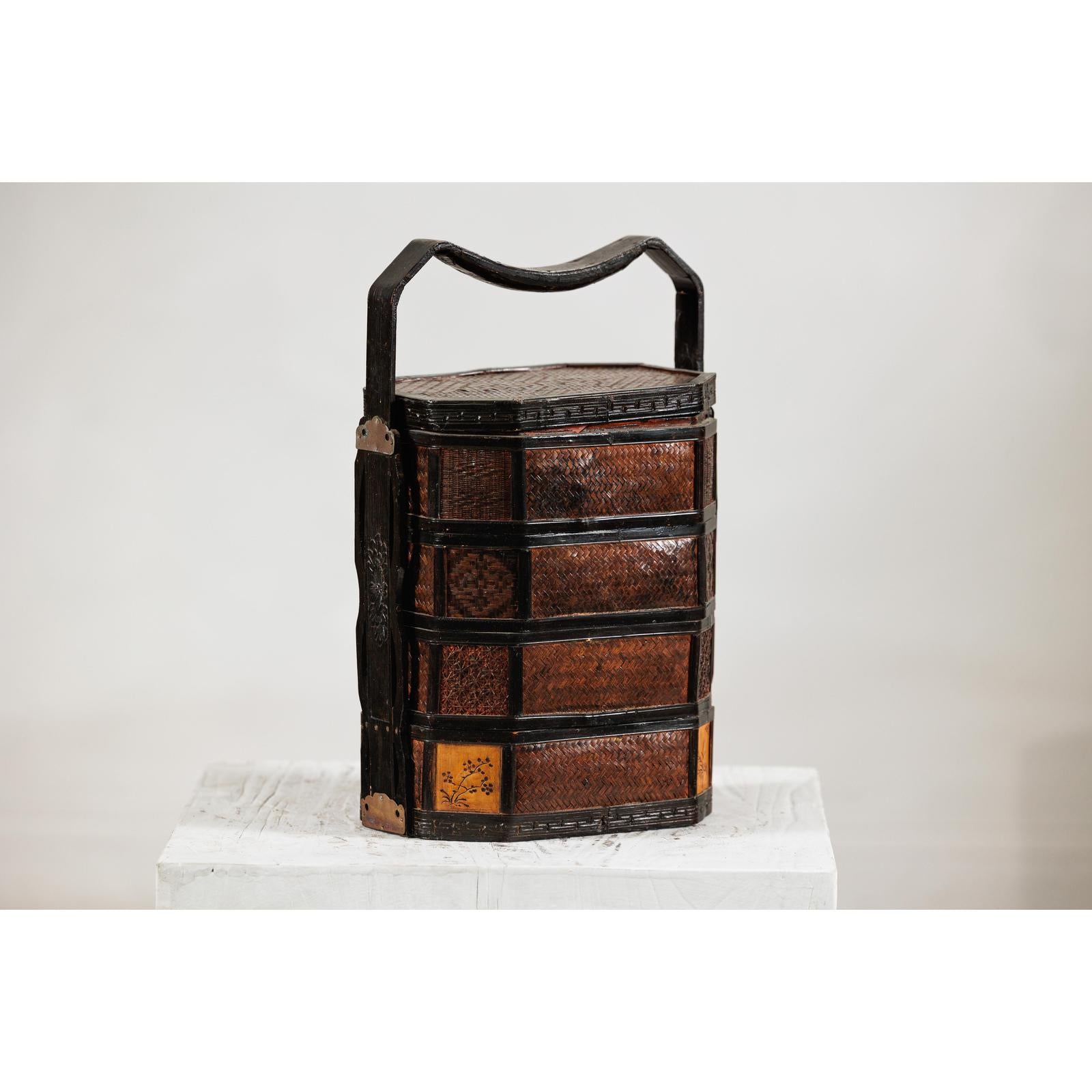 Hexagonal Four-Tier Woven Bamboo Basket with Carved Handle - image 4