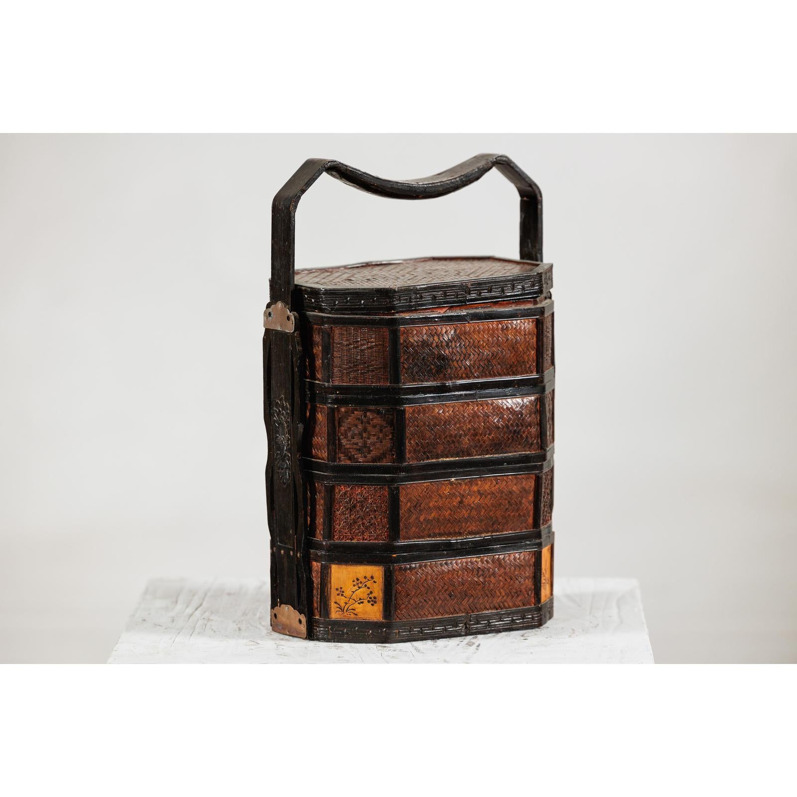 Hexagonal Four-Tier Woven Bamboo Basket with Carved Handle - image 5