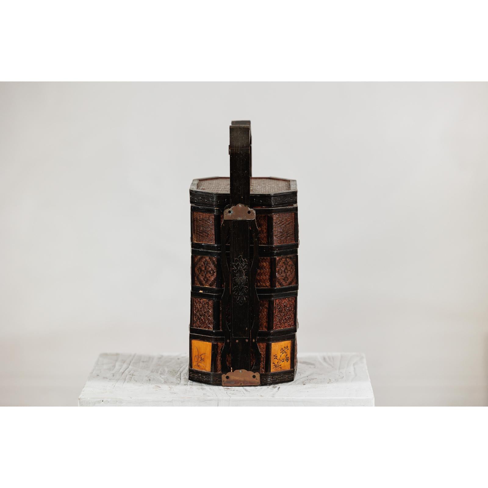 Hexagonal Four-Tier Woven Bamboo Basket with Carved Handle - image 7